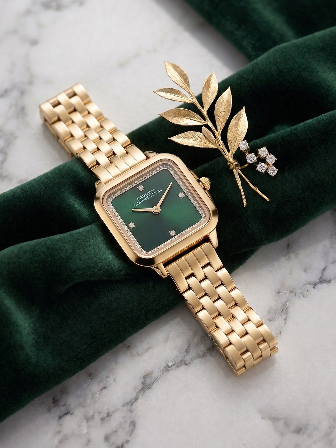 French Connection Bijou Carré | Analog Display | Green Sunray Dial | Stainless Steel Strap | Watch for Women - FCN0217NGM