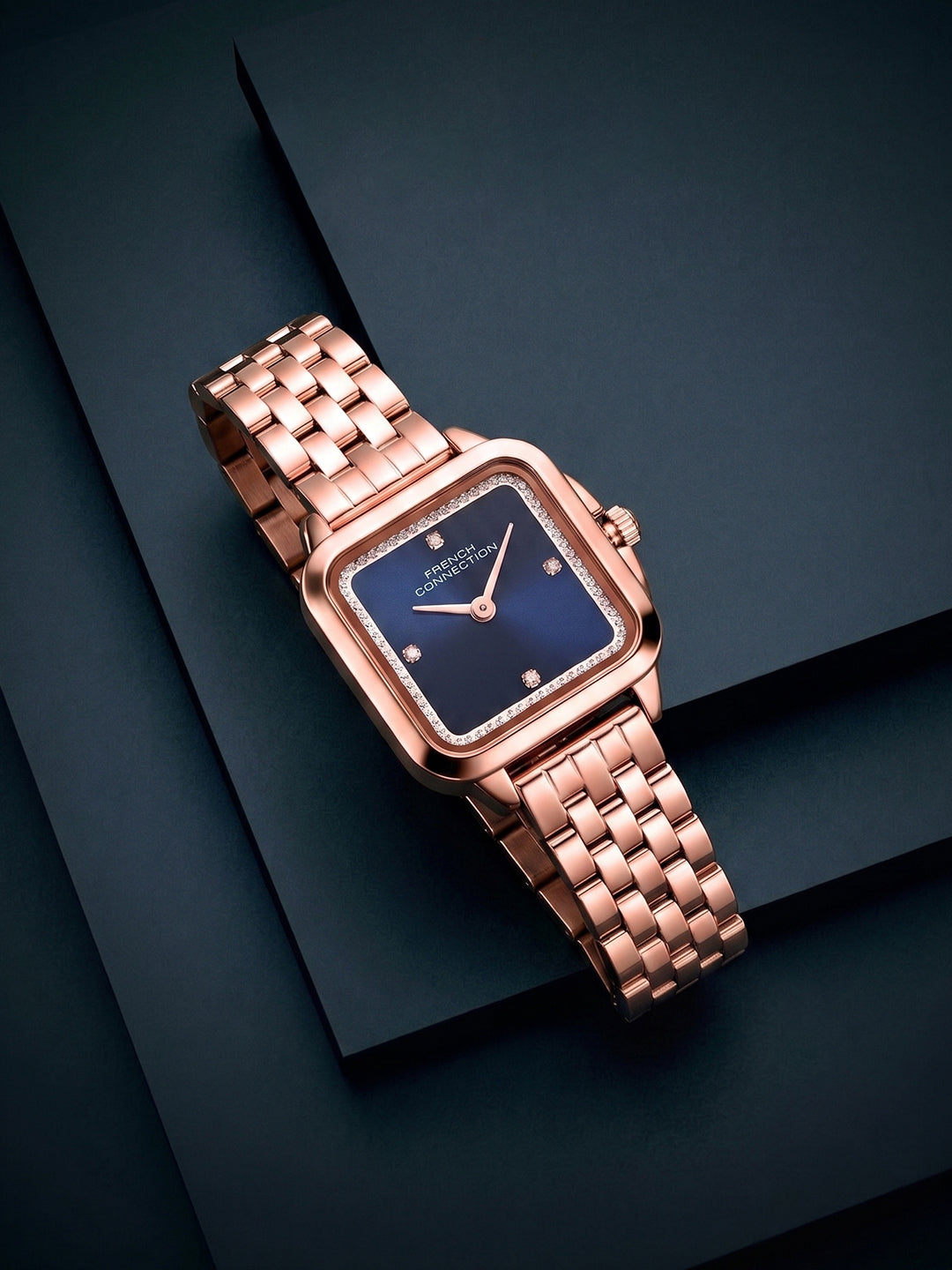 French Connection Bijou Carré | Analog Display | Blue Sunray Dial | Stainless Steel Strap | Watch for Women - FCN0217URGM