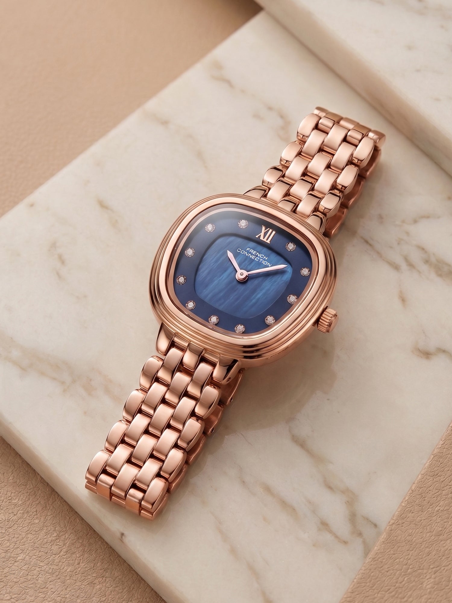 French Connection Éclat Forme | Analog Display | Blue Mother of Pearl Dial | Stainless Steel Strap | Watch for Women - FCN0219URGM