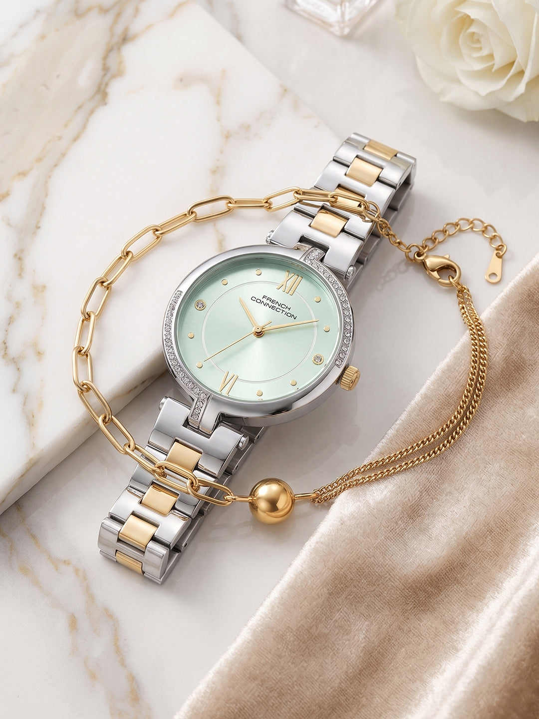 French Connection Women's Gift Set Watch with Green Sunray Dial, Two-Tone Stainless Steel Bracelet & Matching Bracelet Gift Set – FCN0220NTM