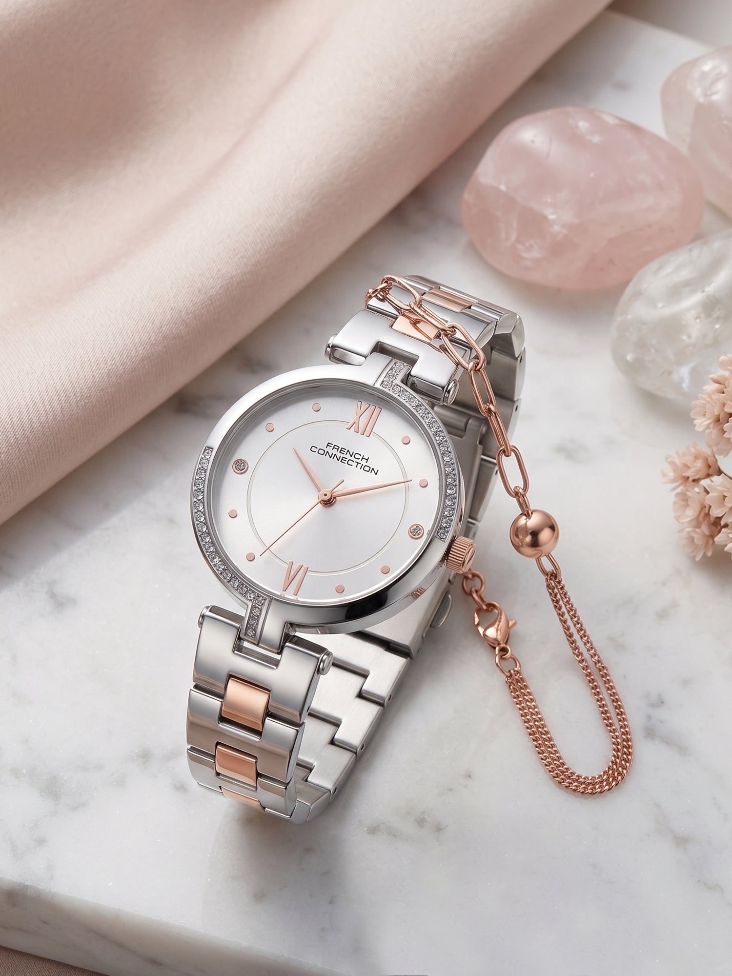 French Connection Women's Gift Set Watch with Silver Sunray Dial, Two-Tone Stainless Steel Bracelet & Matching Bracelet Gift Set – FCN0220RTM