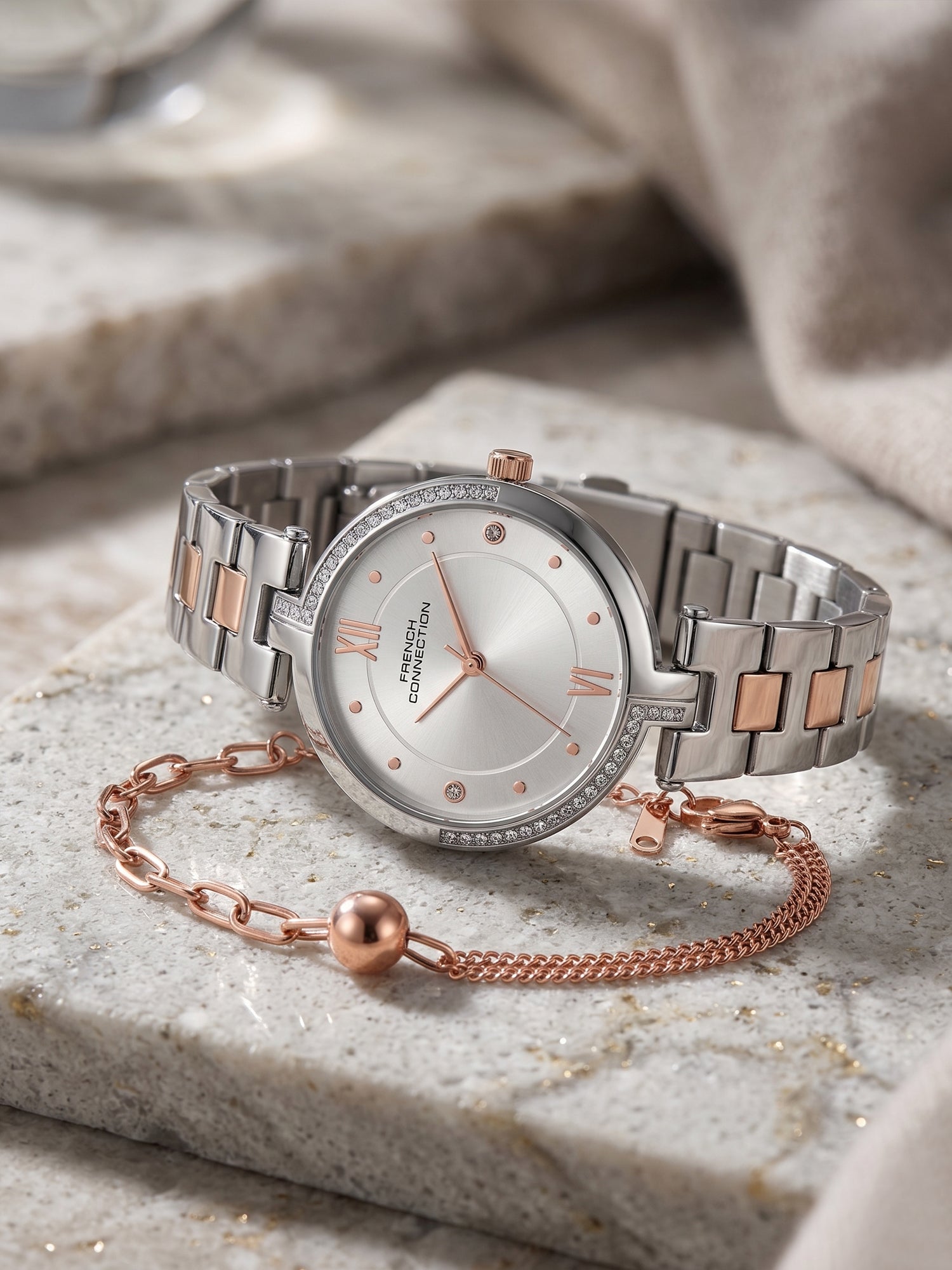French Connection Women's Gift Set Watch with Silver Sunray Dial, Two-Tone Stainless Steel Bracelet & Matching Bracelet Gift Set – FCN0220RTM