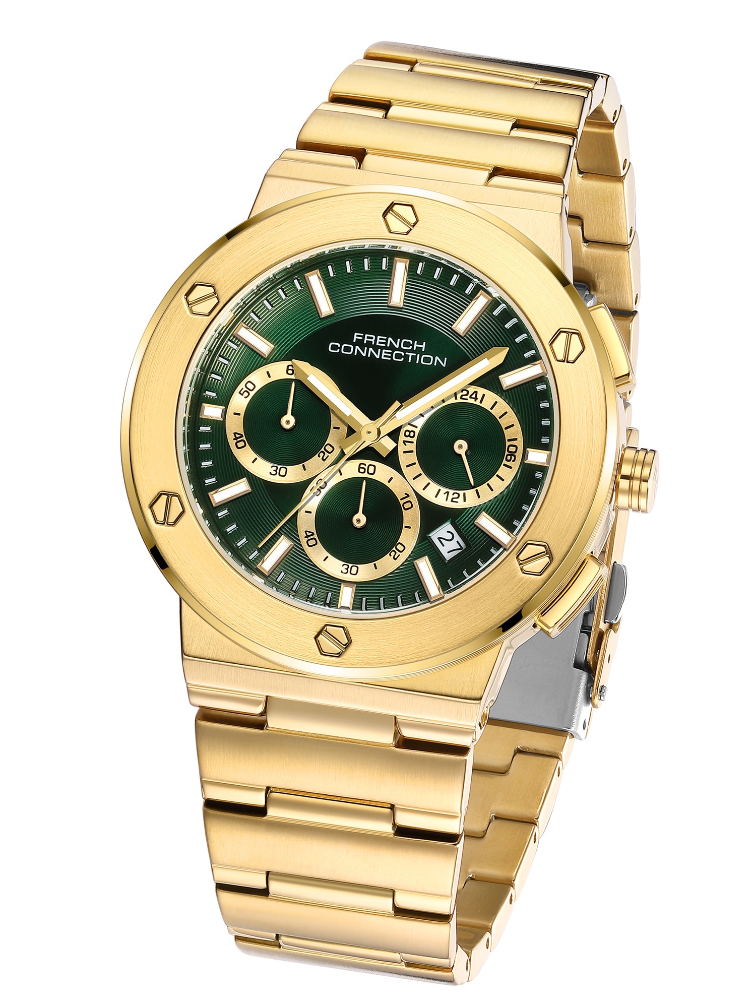 French Connection MetroBolt | Quartz Chronograph | Green Dial | Gold Stainless Steel Strap | Watch for Men - FCO11NGM