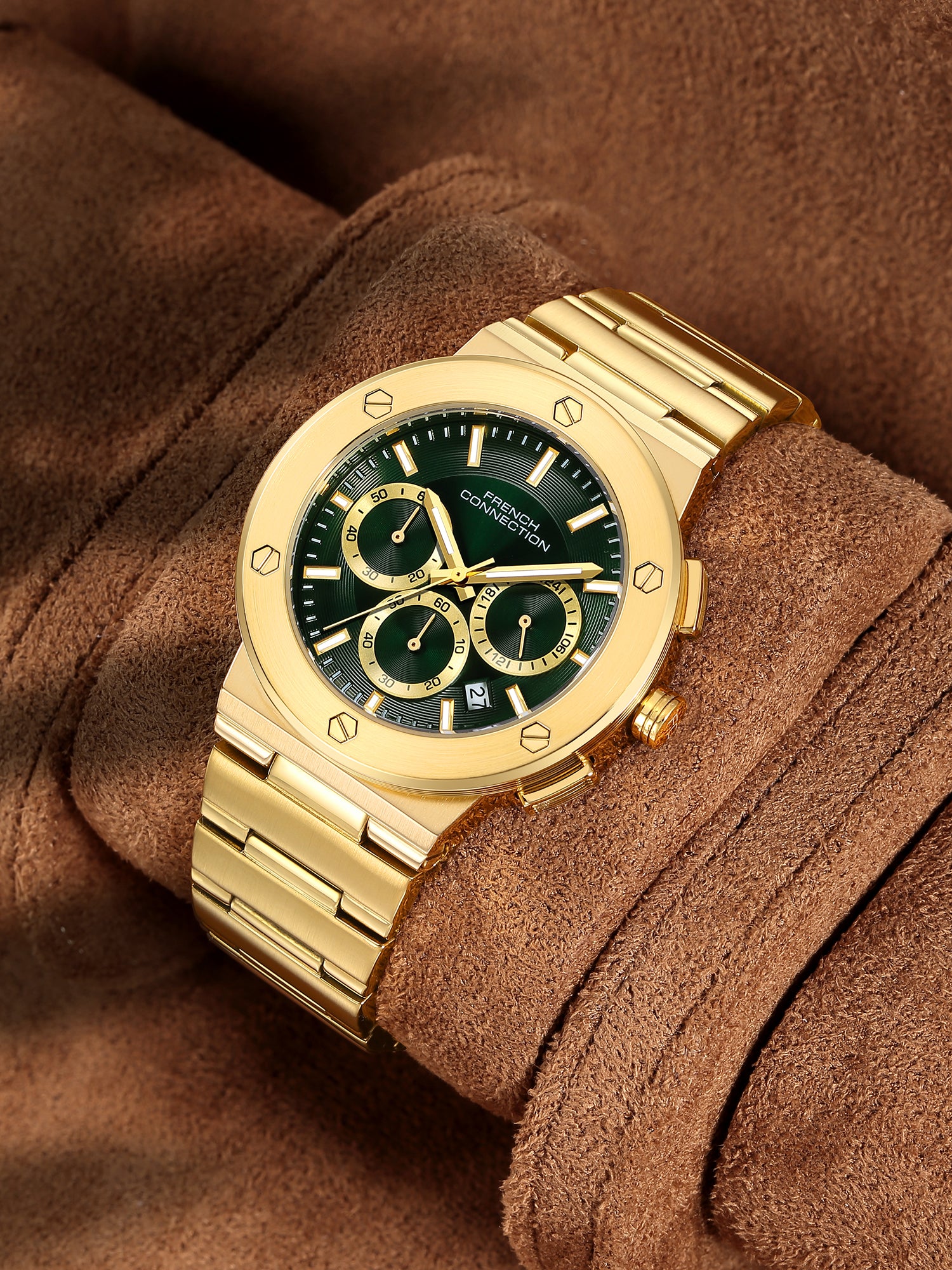 French Connection MetroBolt | Quartz Chronograph | Green Dial | Gold Stainless Steel Strap | Watch for Men - FCO11NGM