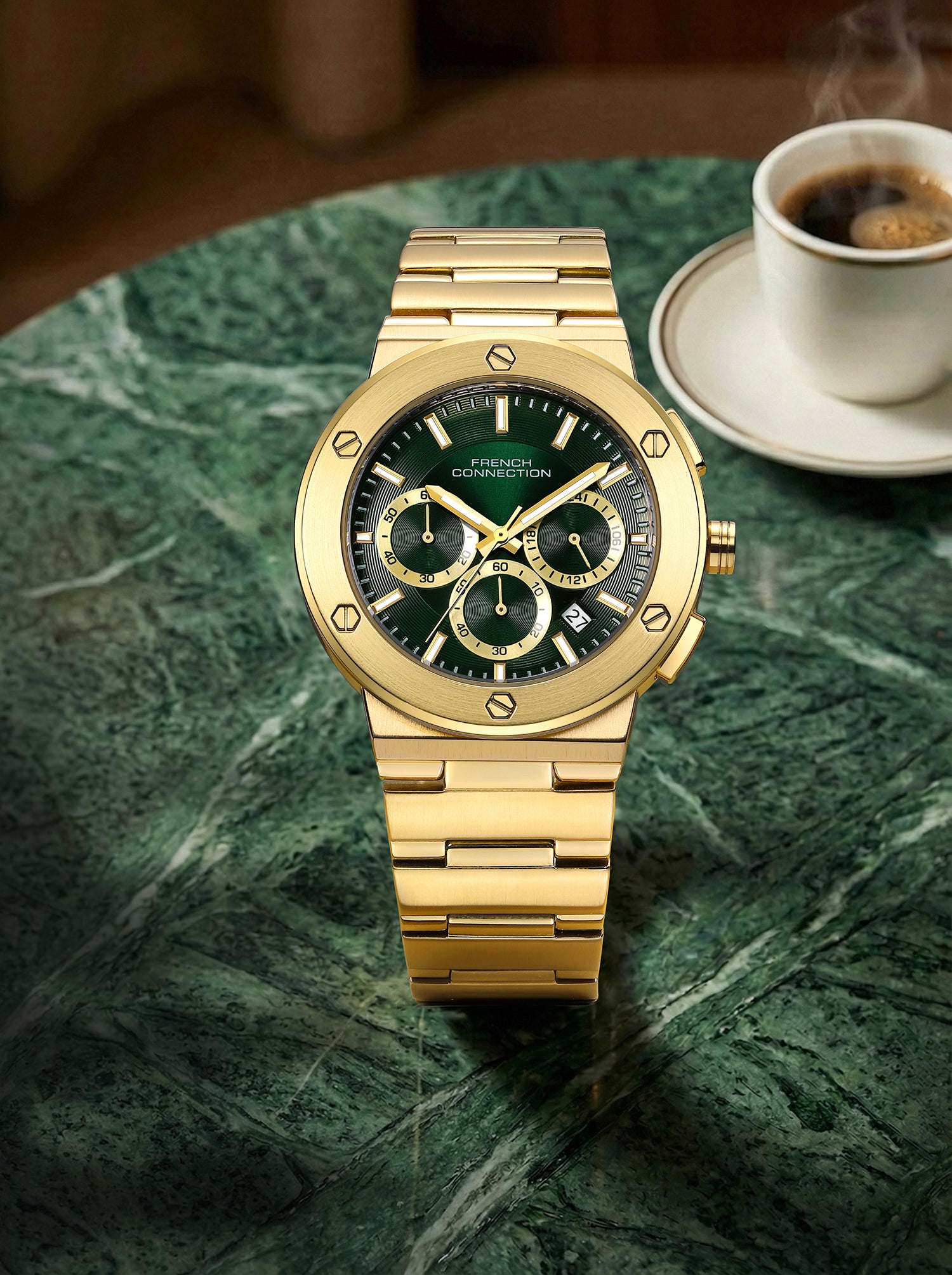 French Connection MetroBolt | Quartz Chronograph | Green Dial | Gold Stainless Steel Strap | Watch for Men - FCO11NGM