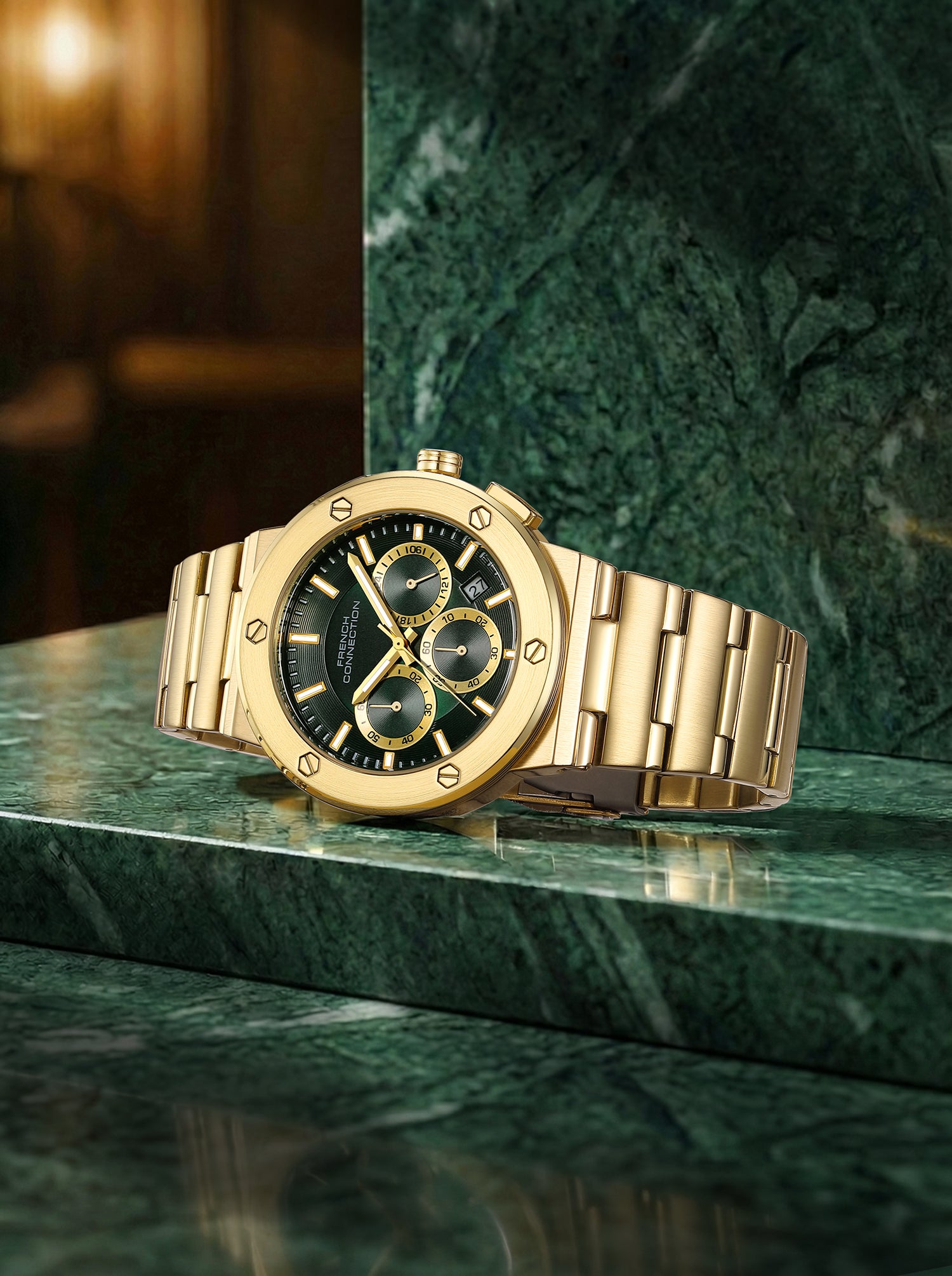 French Connection MetroBolt | Quartz Chronograph | Green Dial | Gold Stainless Steel Strap | Watch for Men - FCO11NGM