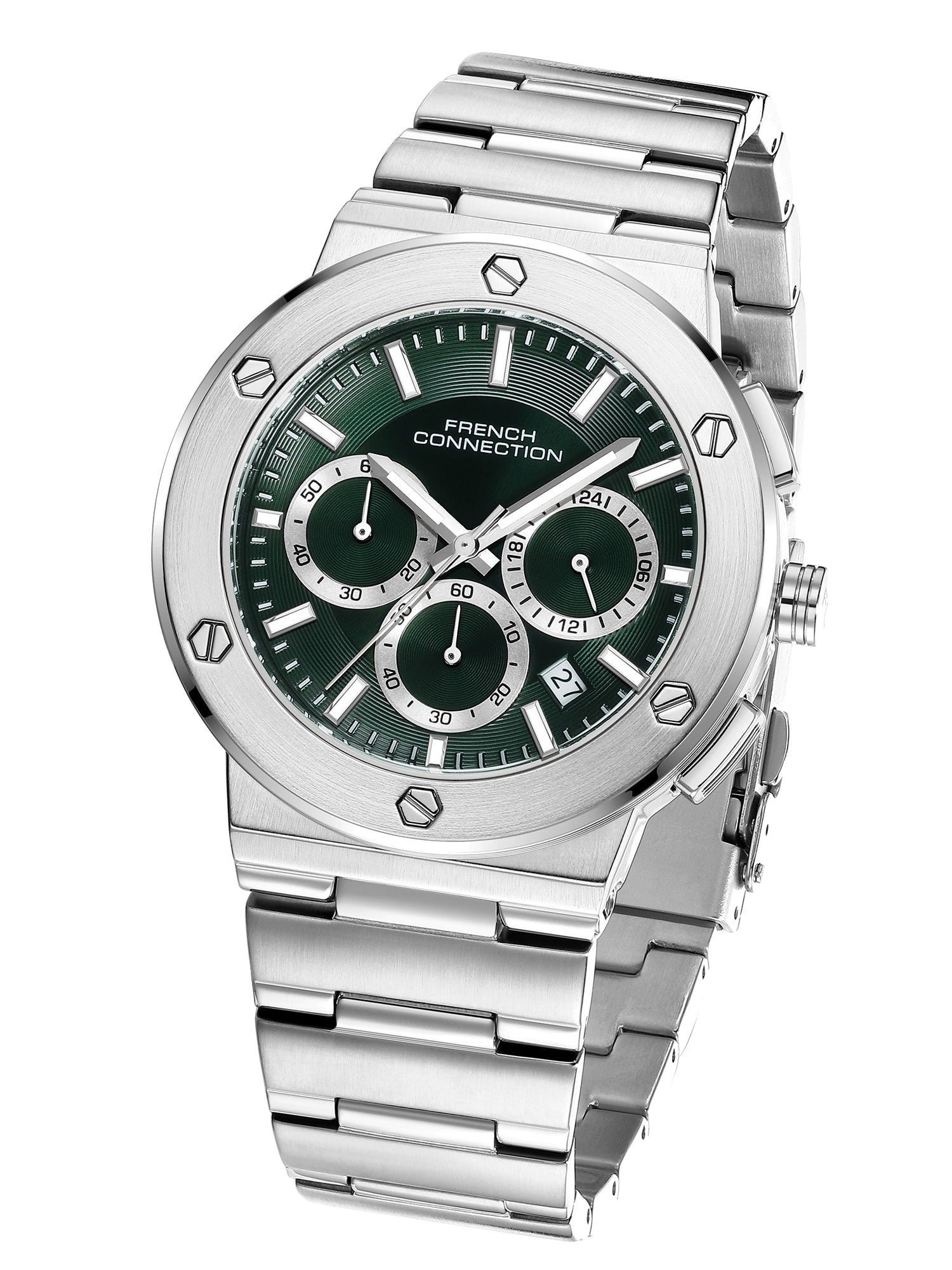 French Connection MetroBolt | Quartz Chronograph | Green Dial | Silver Stainless Steel Strap | Watch for Men - FCO11USM