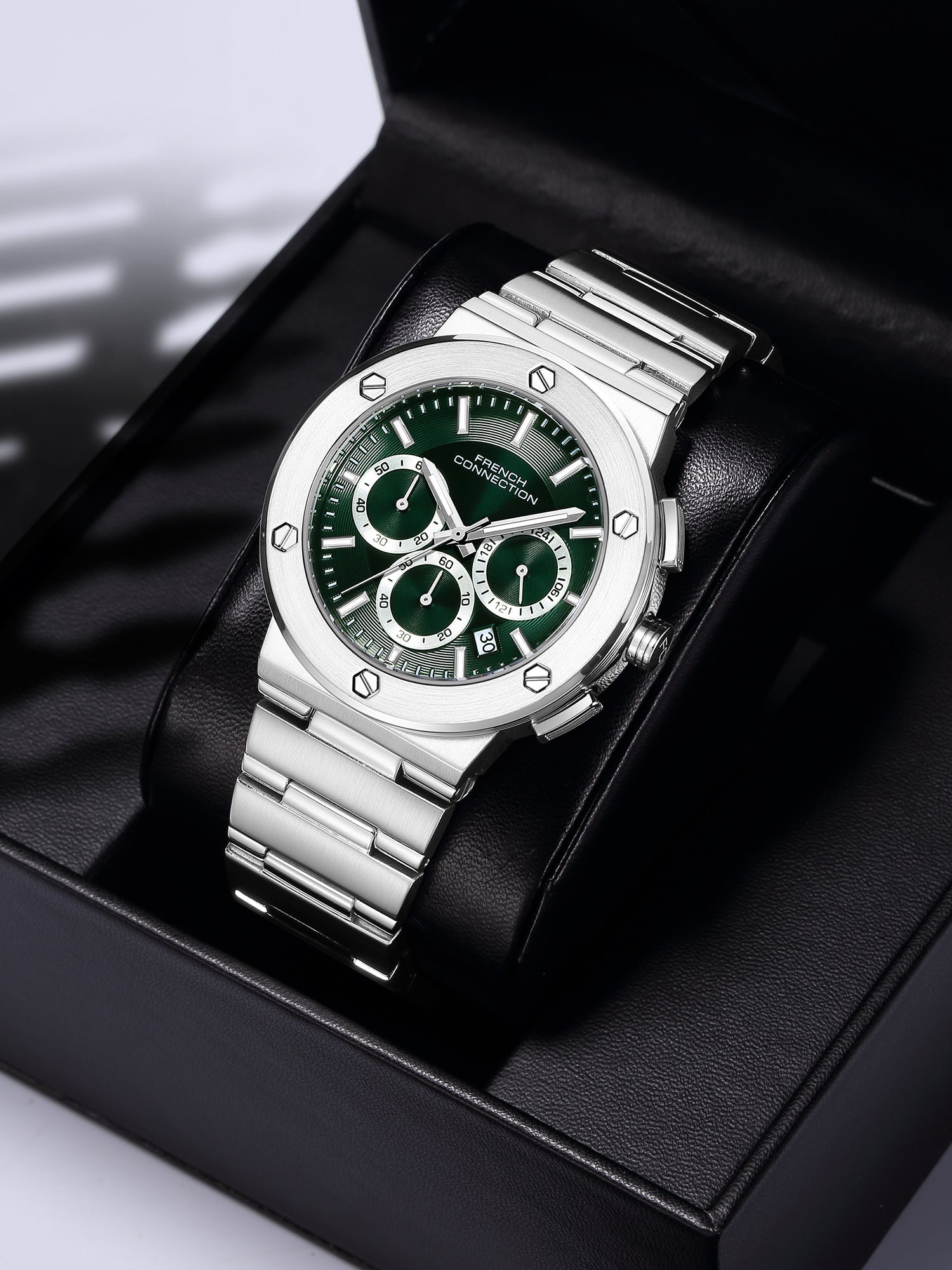 French Connection MetroBolt | Quartz Chronograph | Green Dial | Silver Stainless Steel Strap | Watch for Men - FCO11USM