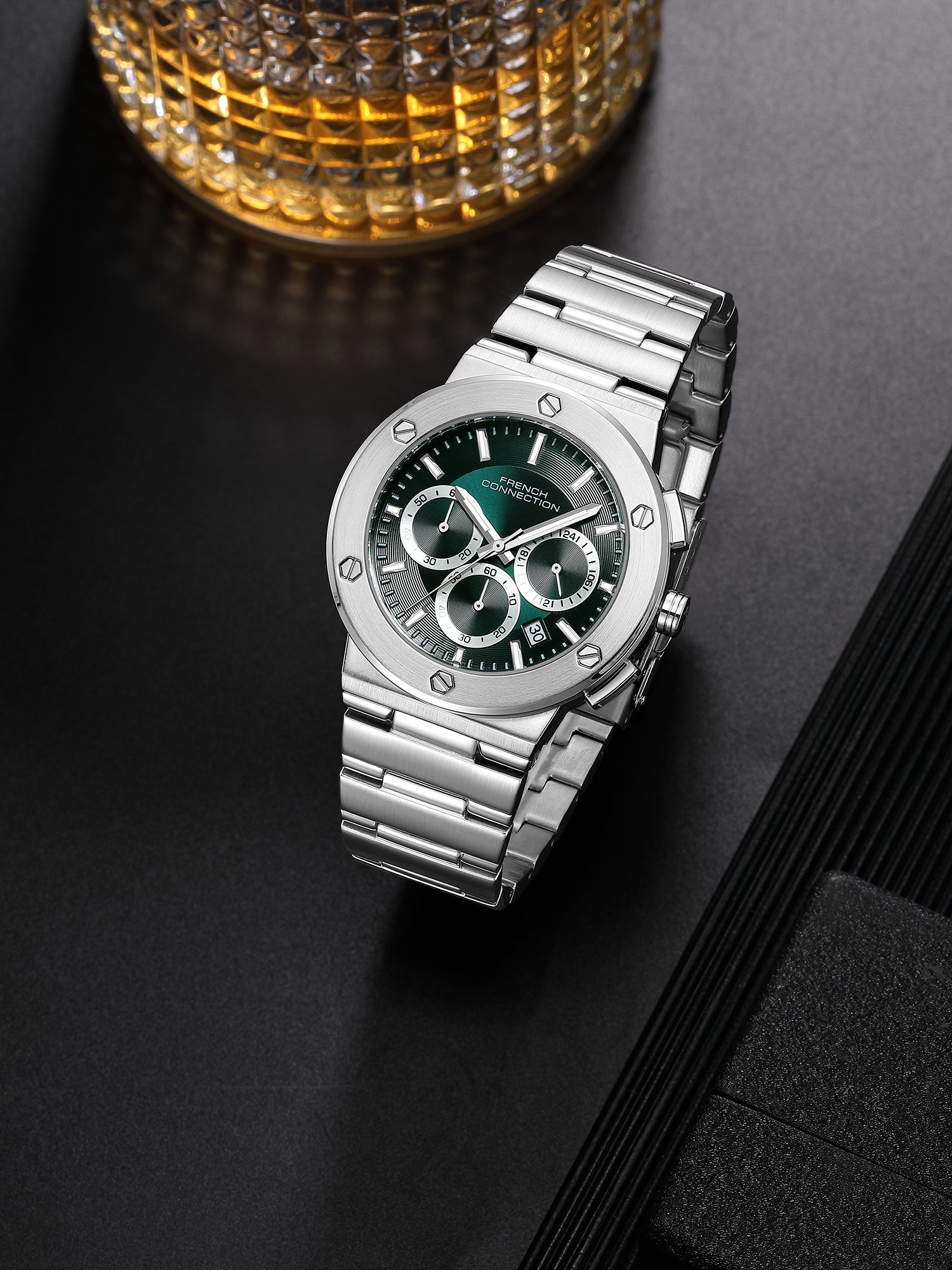 French Connection MetroBolt | Quartz Chronograph | Green Dial | Silver Stainless Steel Strap | Watch for Men - FCO11USM