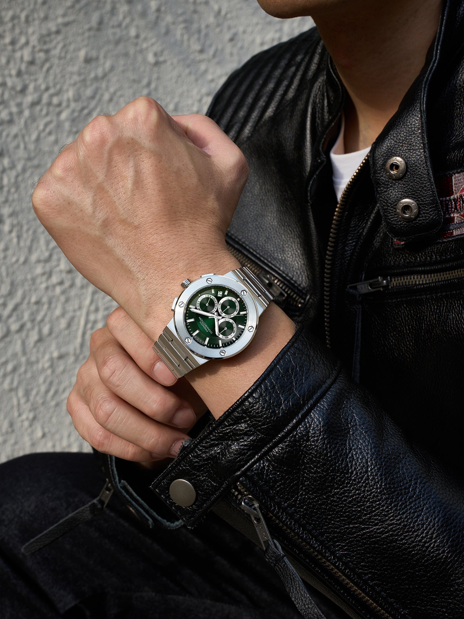 French Connection MetroBolt | Quartz Chronograph | Green Dial | Silver Stainless Steel Strap | Watch for Men - FCO11USM
