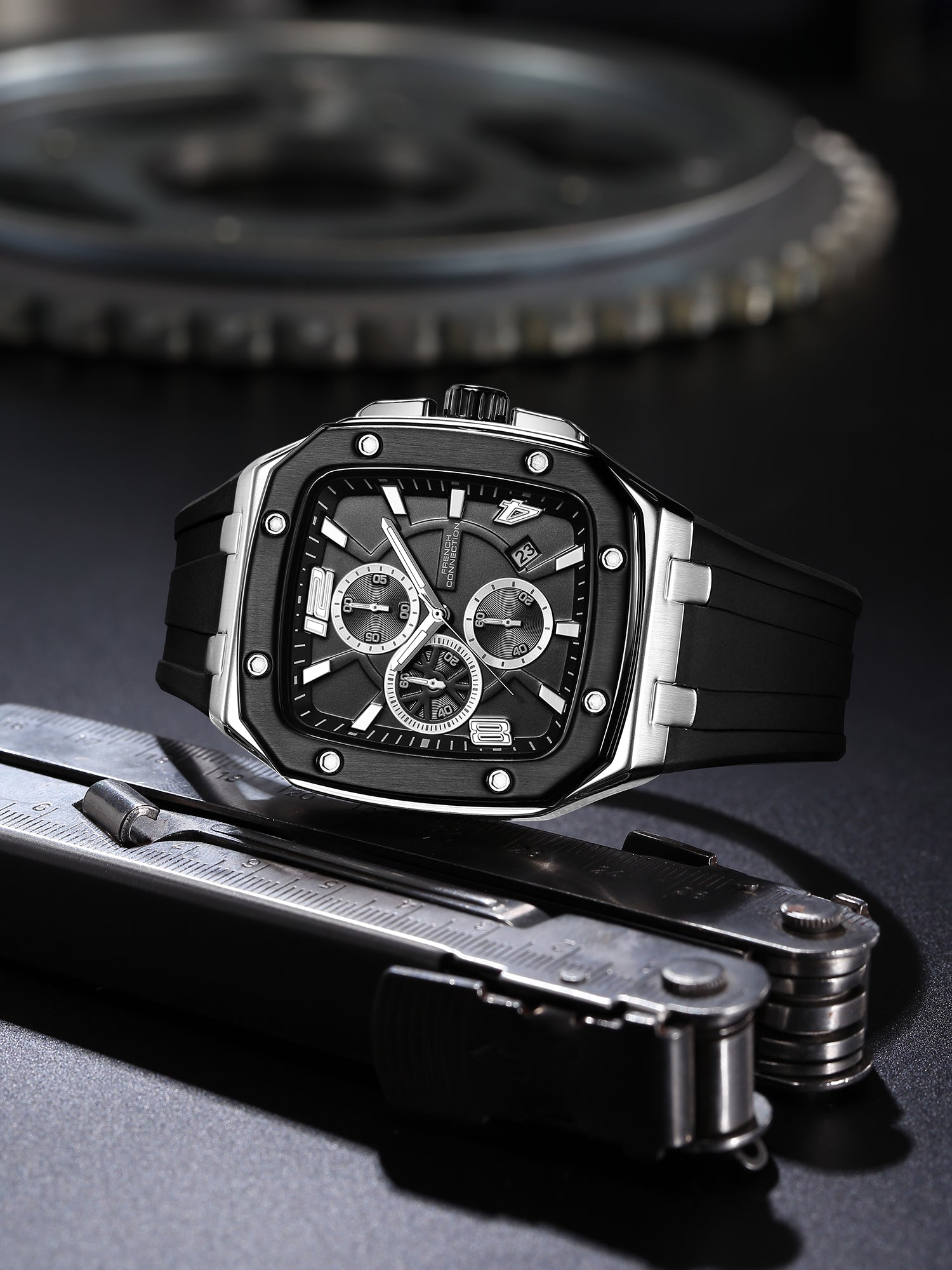 French Connection Aurionx | Quartz Chronograph | Green Dial | Black Silicone Strap | Watch for Men - FCO12BB