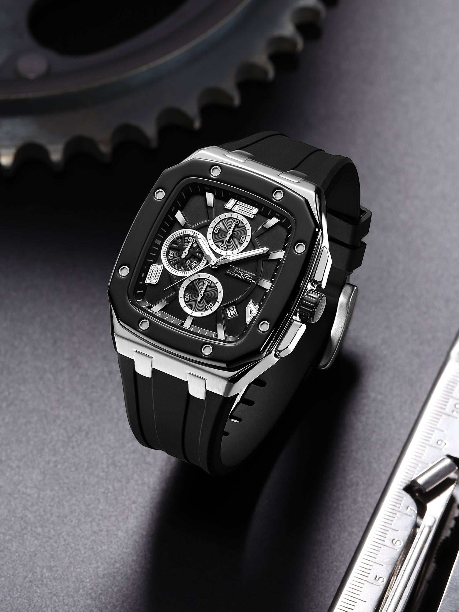 French Connection Aurionx | Quartz Chronograph | Green Dial | Black Silicone Strap | Watch for Men - FCO12BB