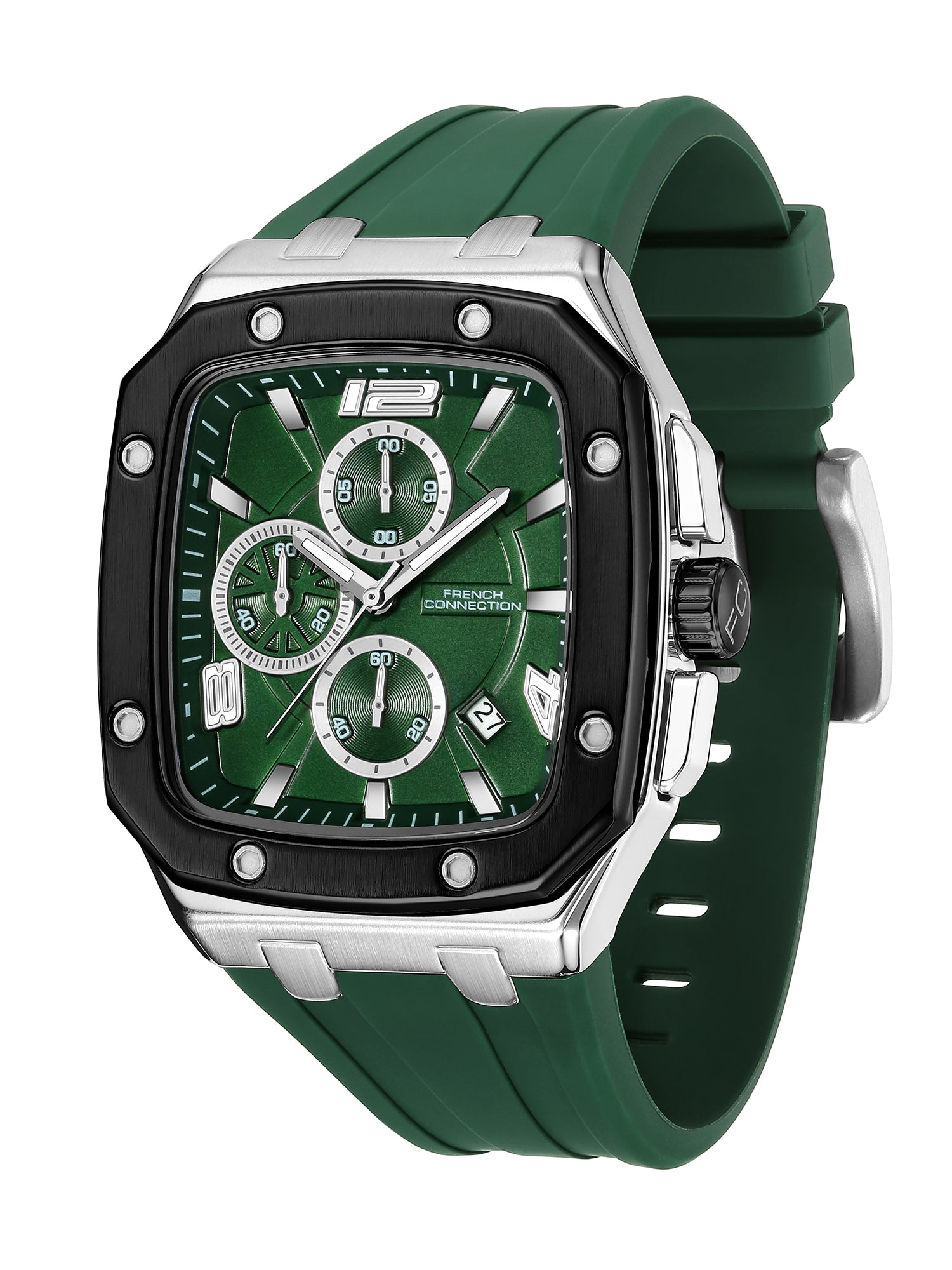 French Connection Aurionx | Quartz Chronograph | Green Dial | Green Silicone Strap | Watch for Men - FCO12N