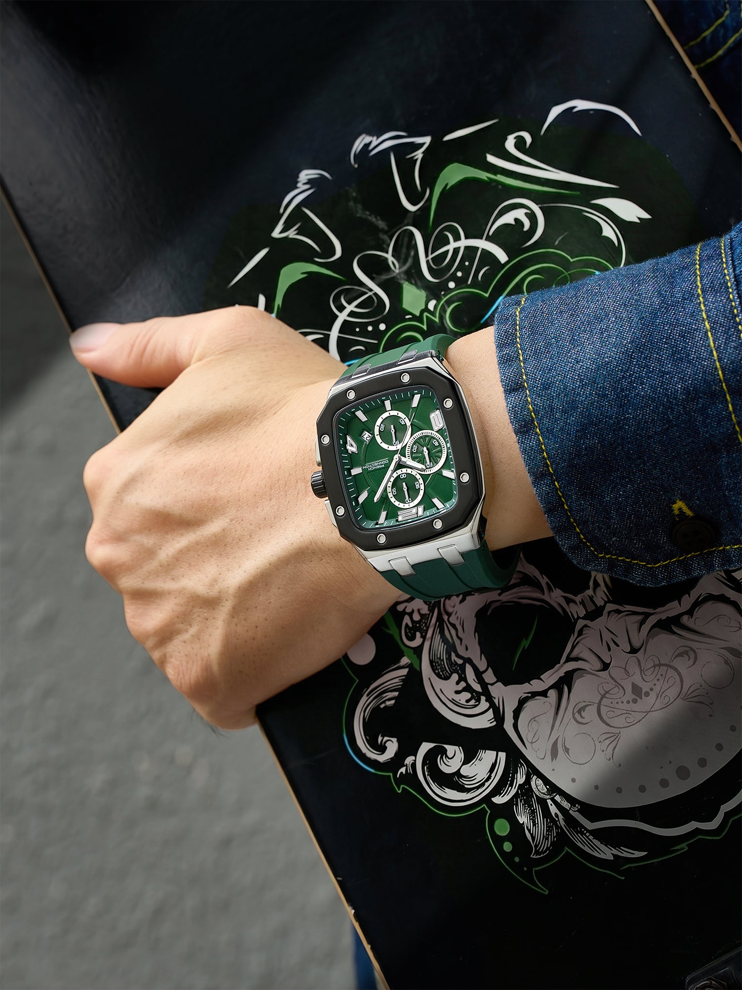French Connection Aurionx | Quartz Chronograph | Green Dial | Green Silicone Strap | Watch for Men - FCO12N