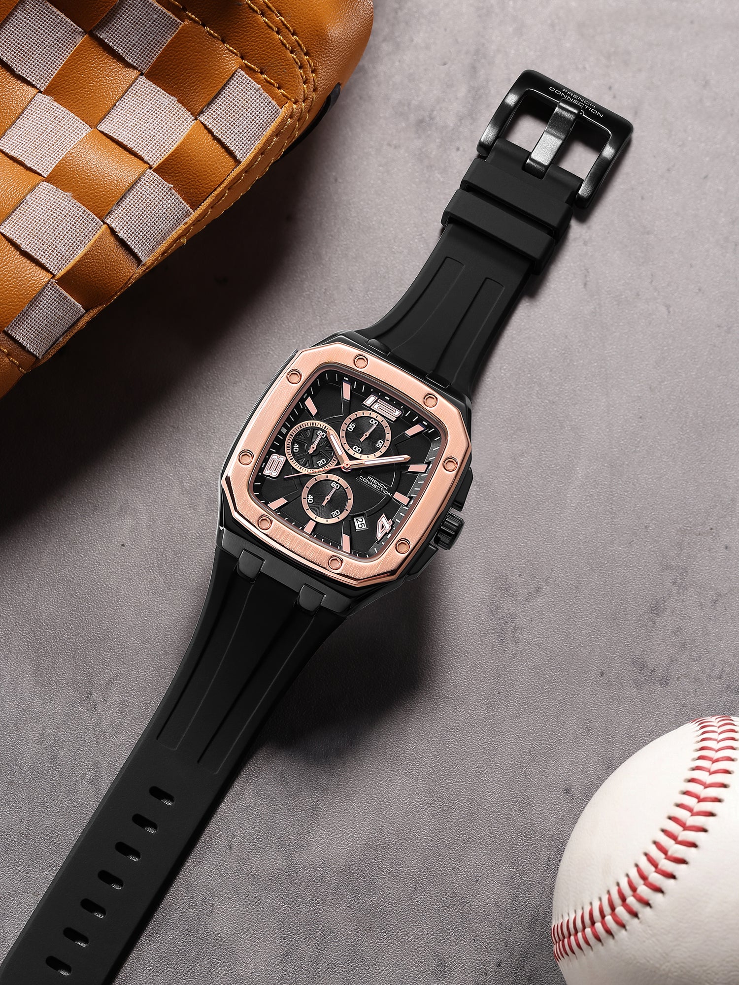 French Connection Aurionx | Quartz Chronograph | Black Dial | Black Silicone Strap | Watch for Men - FCO12RGB