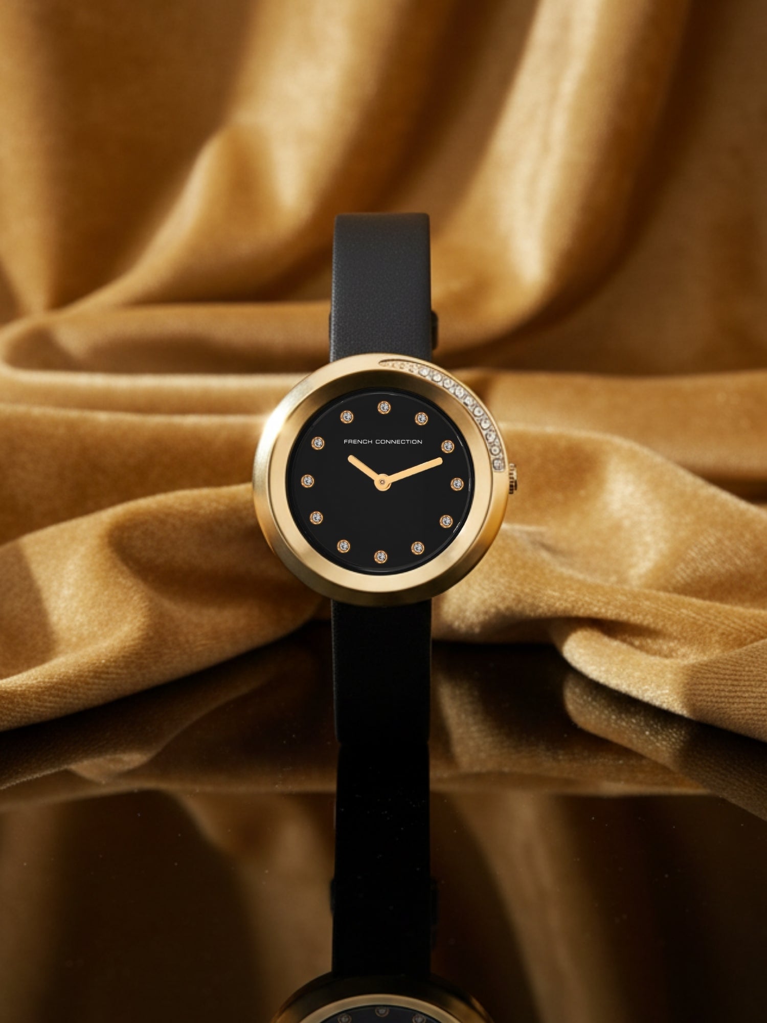 French Connection Sunray Black Round Dial With Black Leather Strap Watch - For Womens FCO1BBL