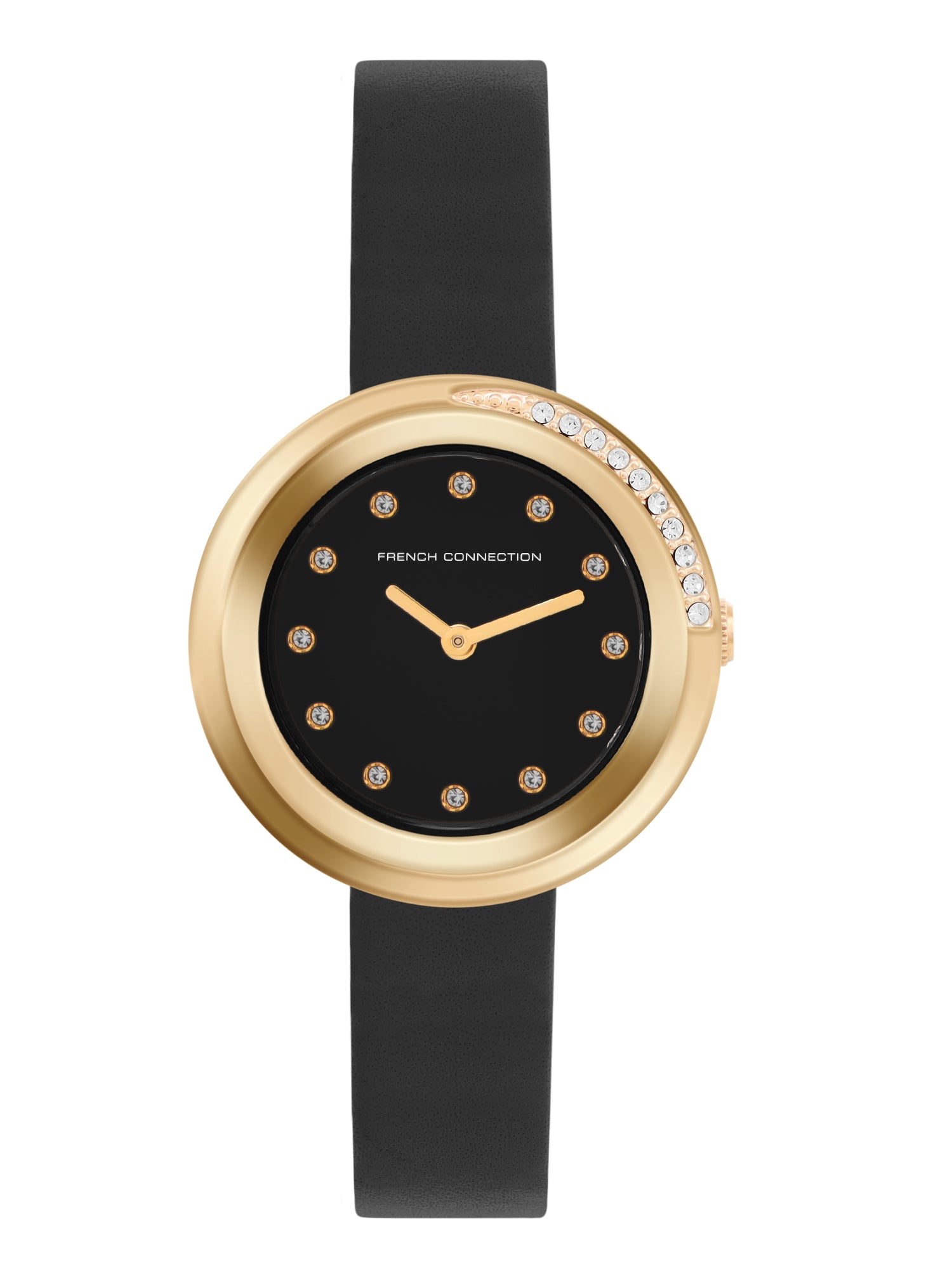 French Connection Sunray Black Round Dial With Black Leather Strap Watch - For Womens FCO1BBL