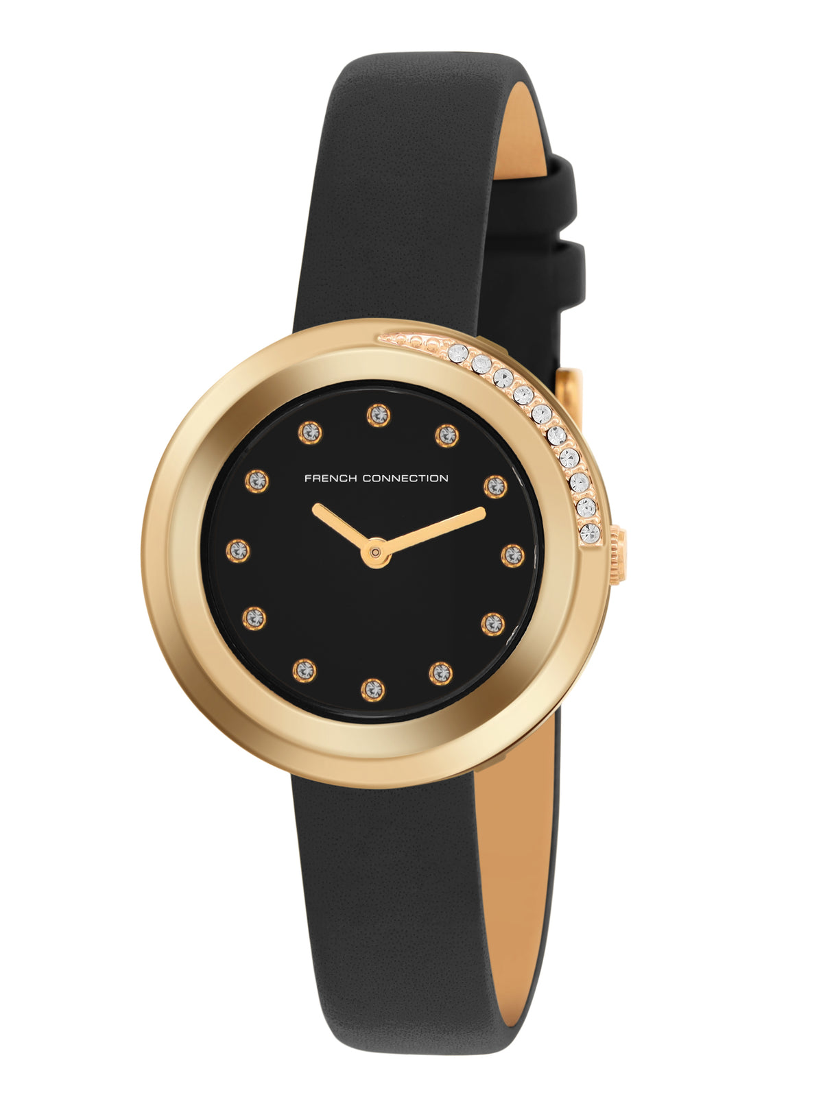 French Connection Sunray Black Round Dial With Black Leather Strap Watch - For Womens FCO1BBL