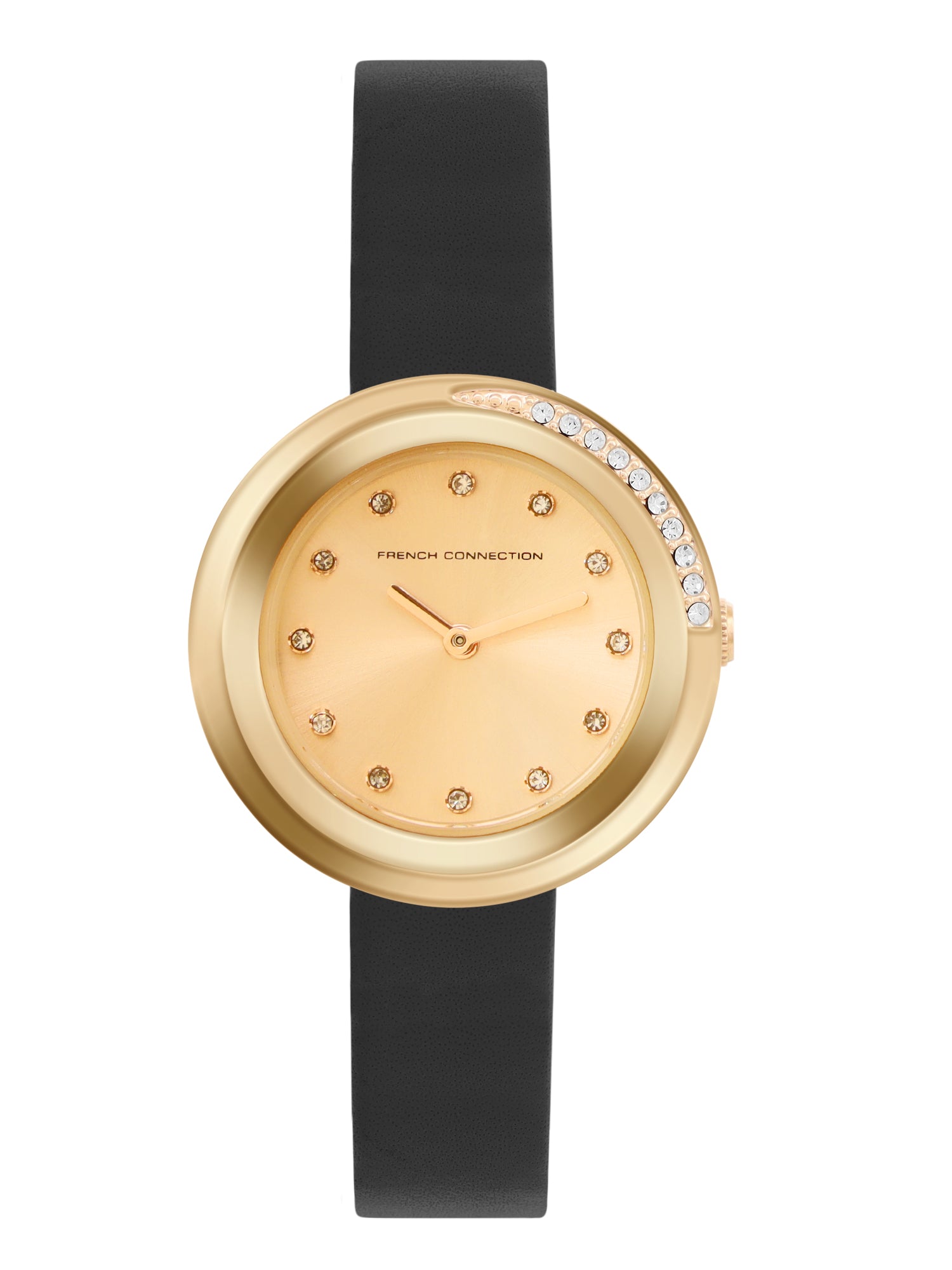 French Connection Sunray Champagne Round Dial With Black Leather Strap Watch - For Womens FCO1BL