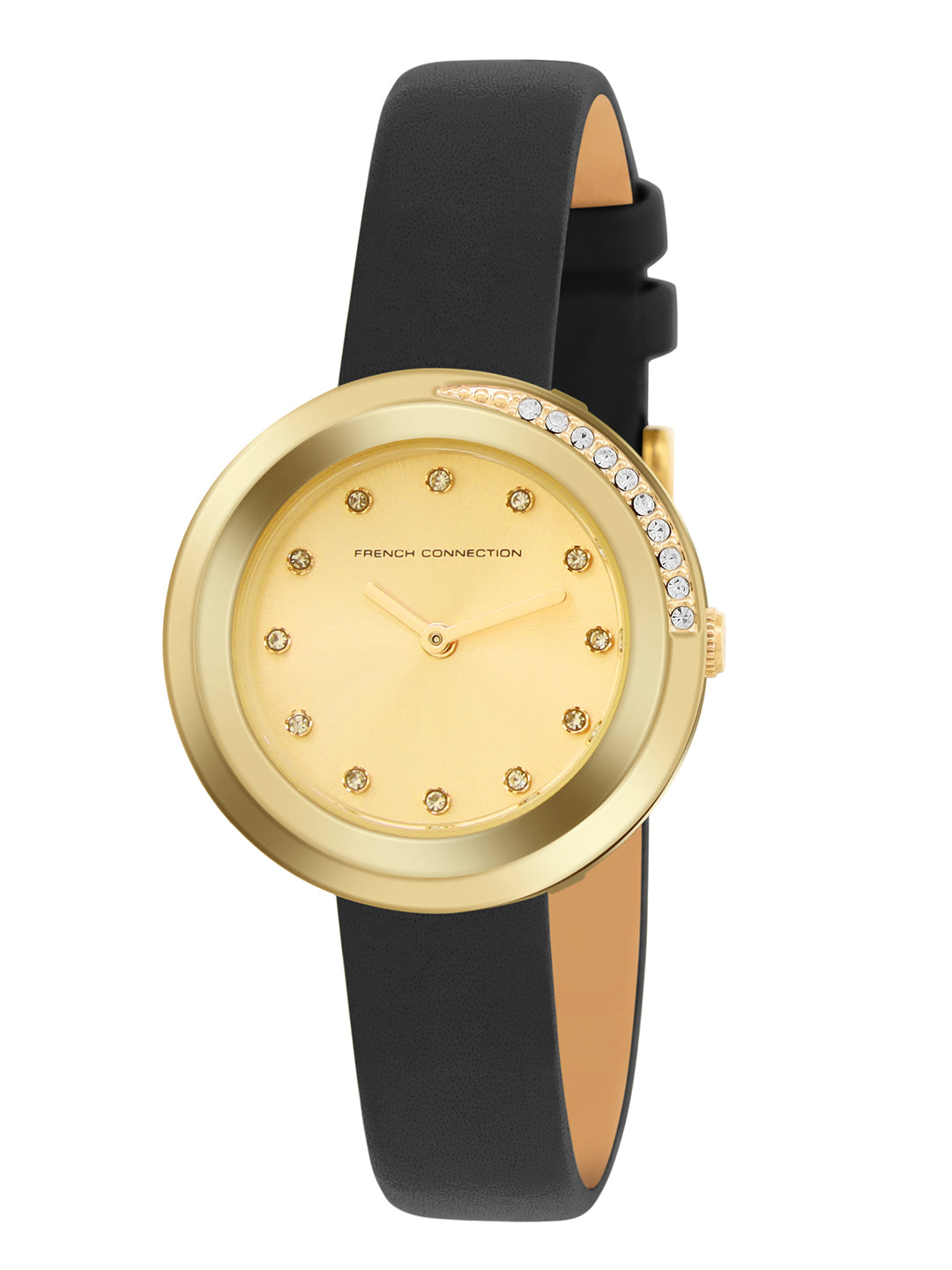 French Connection Sunray Champagne Round Dial With Black Leather Strap Watch - For Womens FCO1BL