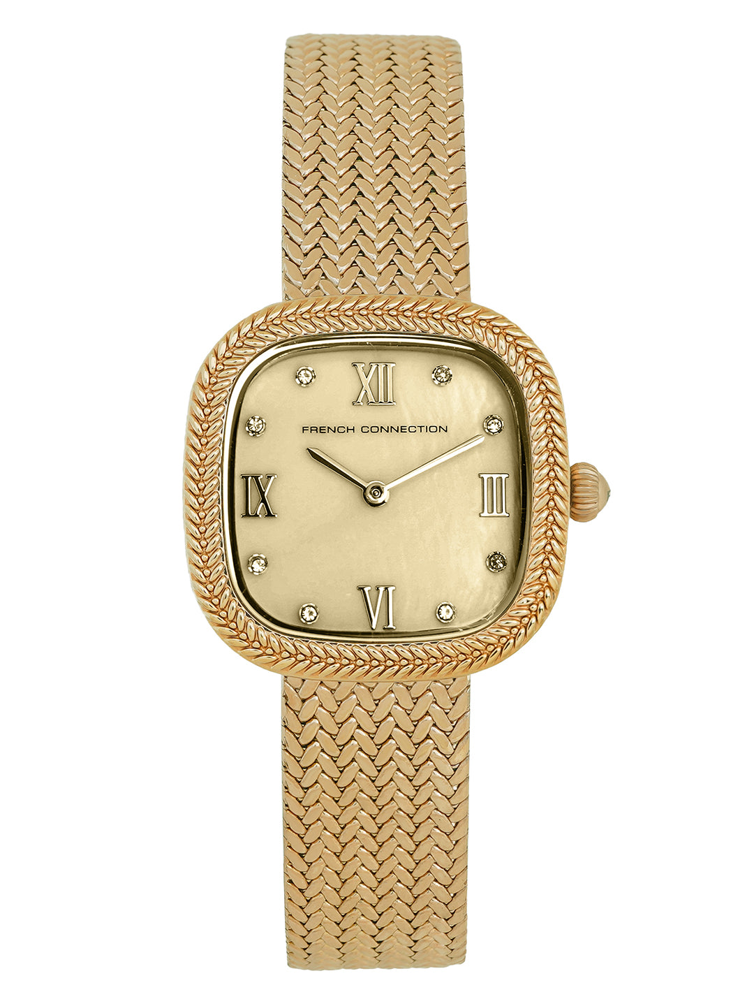French Connection Mop Champagne Round Dial With Gold Stainless Steel Strap Watch - For Womens FCO2GM