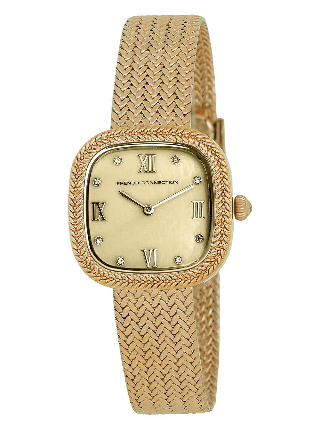 French Connection Mop Champagne Round Dial With Gold Stainless Steel Strap Watch - For Womens FCO2GM