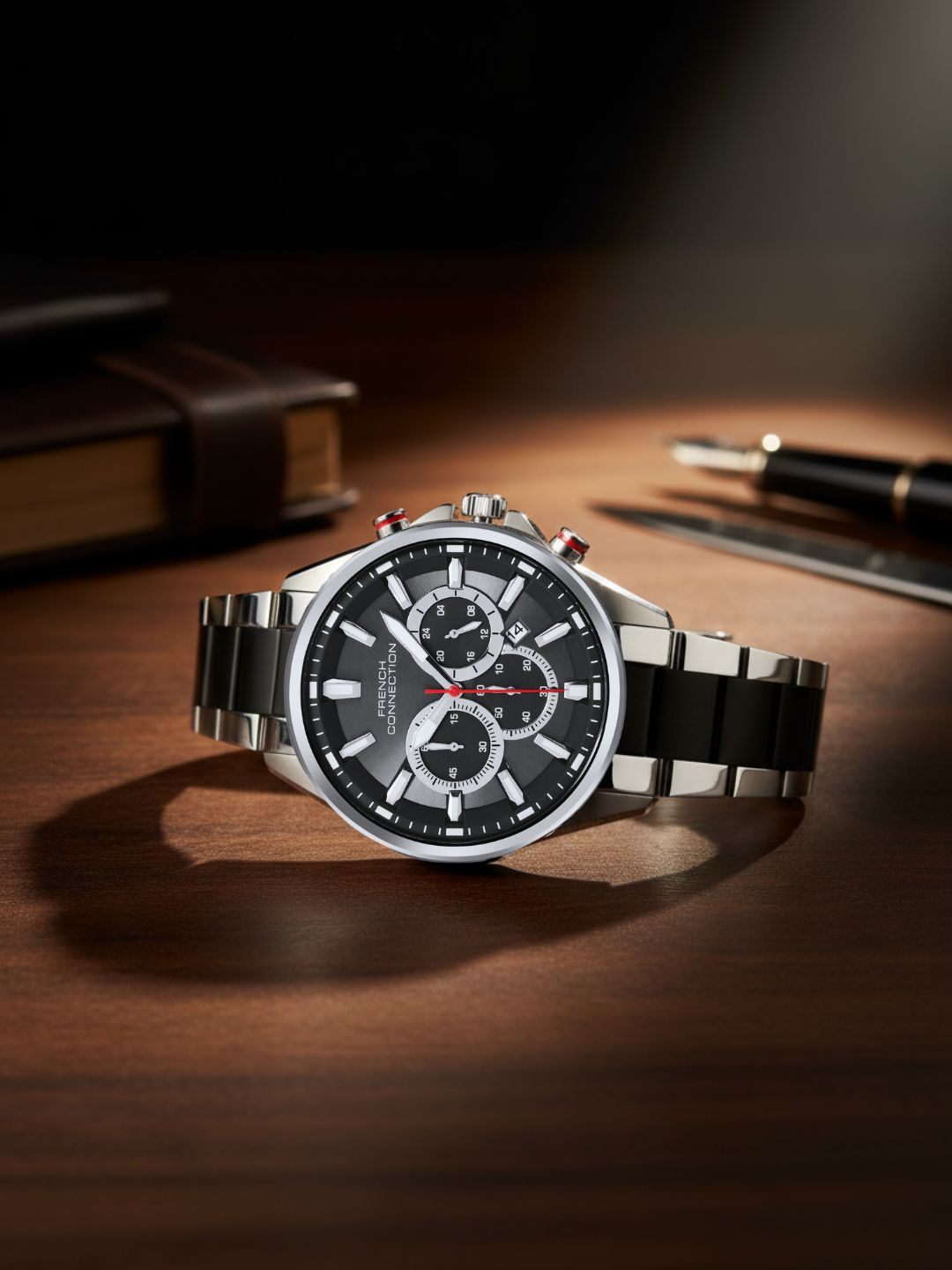 French Connection Black Round Dial With Black Stainless Steel Strap Chronograph Watch - For Mens FCO3BM