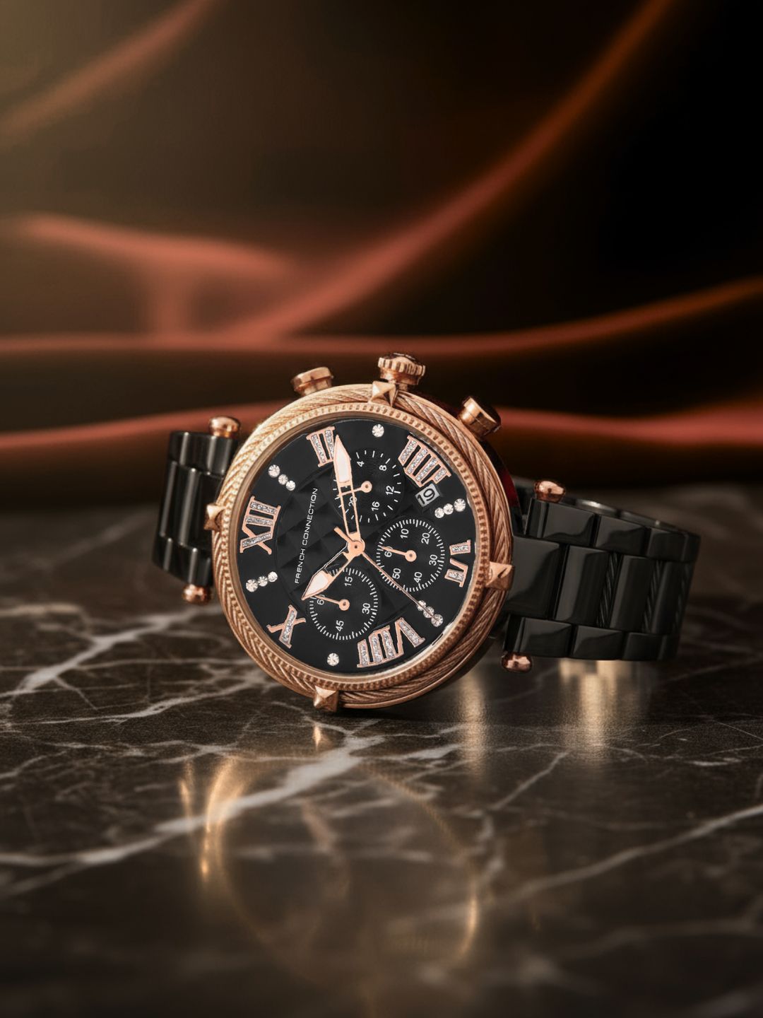 French Connection Embossed Round Black Dial With Black Stainless Steel Strap Chronograph Watch - For Womens FCO4BM