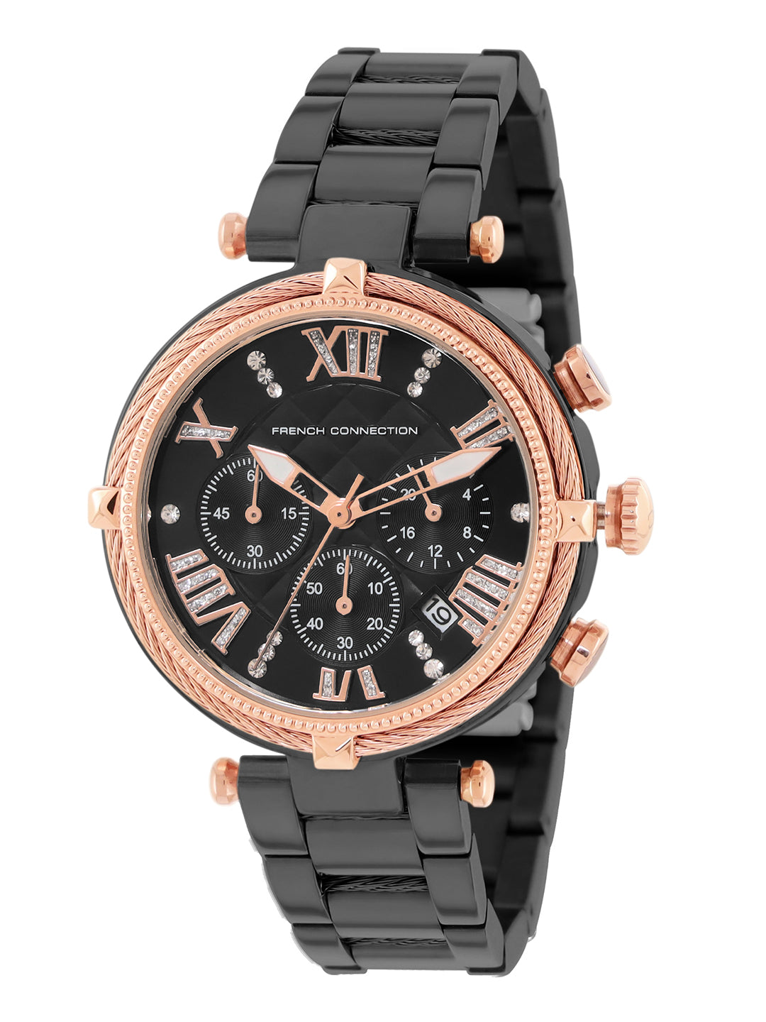 French Connection Embossed Round Black Dial With Black Stainless Steel Strap Chronograph Watch - For Womens FCO4BM