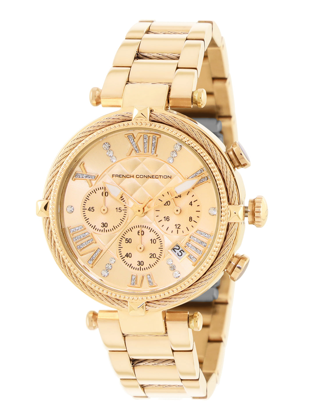 French Connection Embossed Round Dial With 12Pcs Stones Champagne Dial With Gold Stainless Steel Strap Chronograph Watch - For Womens FCO4GM
