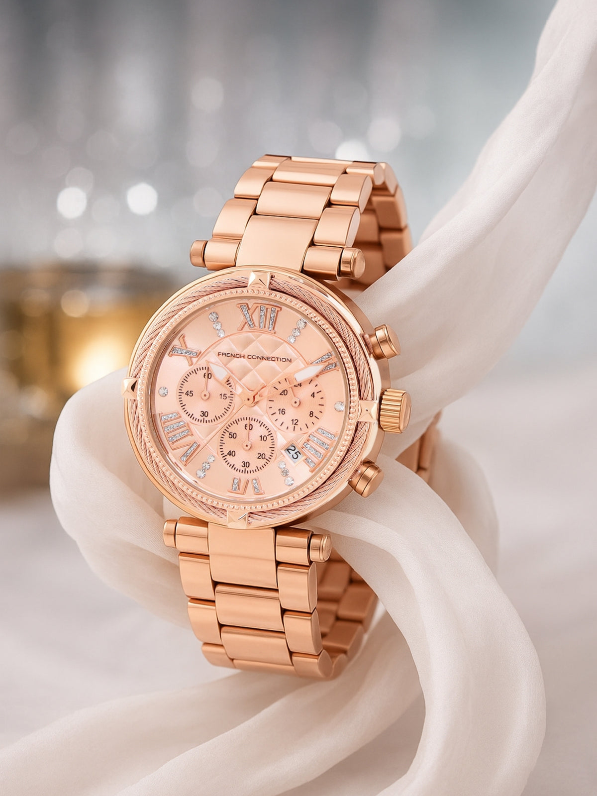 French Connection Embossed Round Dial With 12Pcs Stones Rosegold Dial With Rose Stainless Steel Strap Chronograph Watch - For Womens FCO4RGM