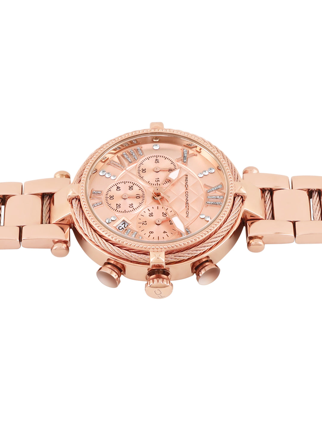 French Connection Embossed Round Dial With 12Pcs Stones Rosegold Dial With Rose Stainless Steel Strap Chronograph Watch - For Womens FCO4RGM
