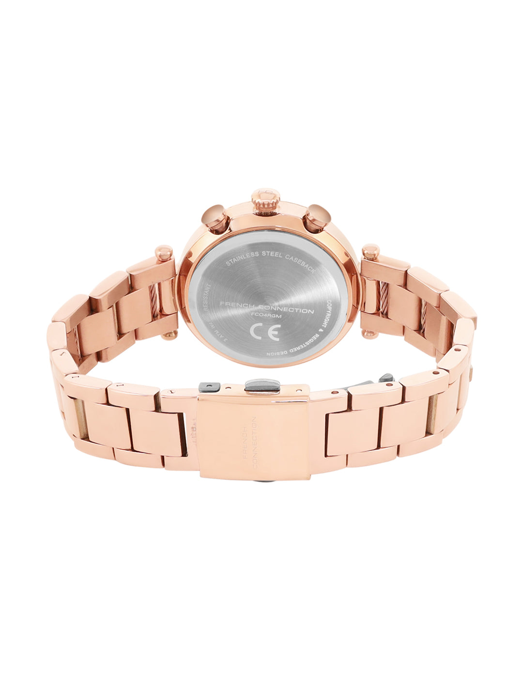 French Connection Embossed Round Dial With 12Pcs Stones Rosegold Dial With Rose Stainless Steel Strap Chronograph Watch - For Womens FCO4RGM