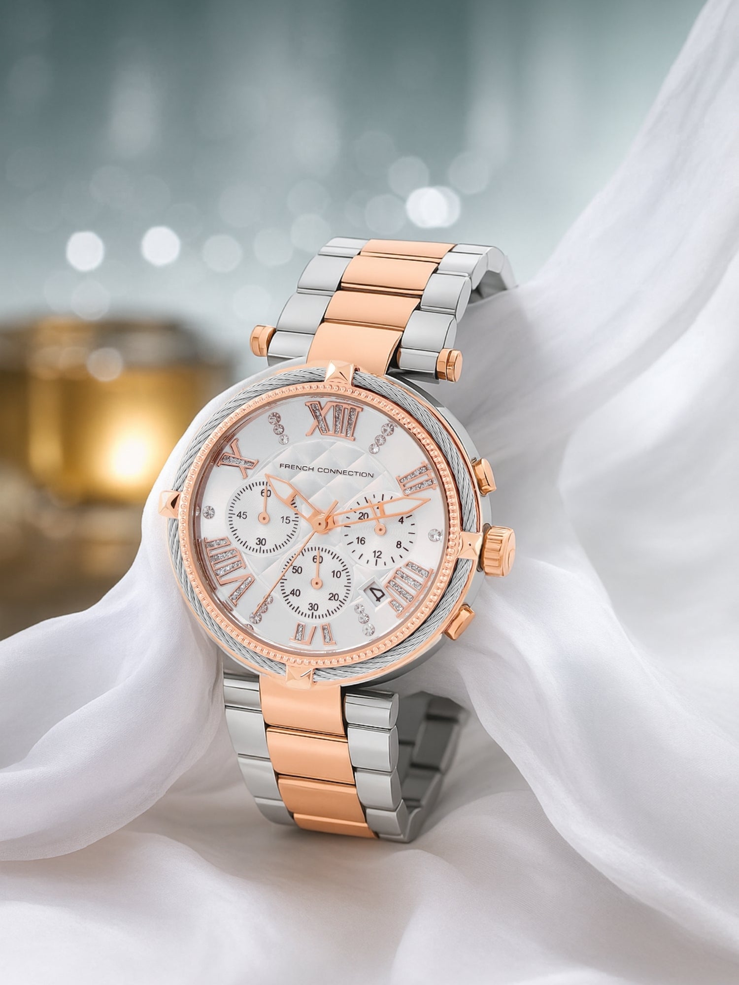 French Connection Embossed Round Dial With 12Pcs Stones Silver Dial With Rose Stainless Steel Strap Chronograph Watch - For Womens FCO4RTM