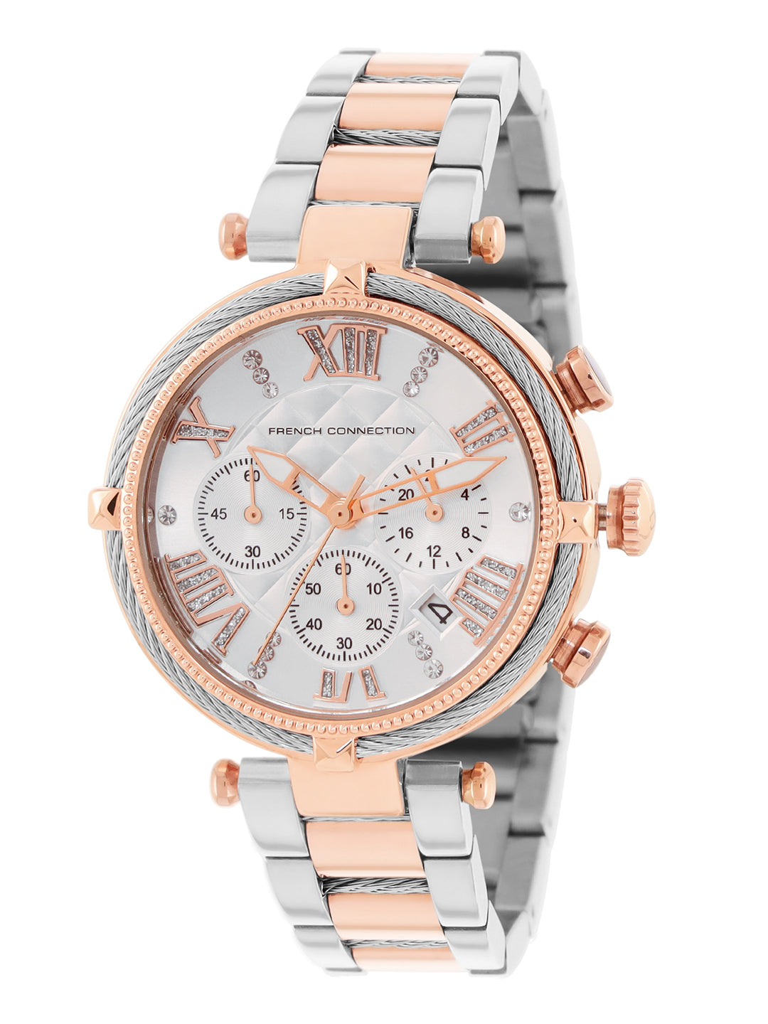French Connection Embossed Round Dial With 12Pcs Stones Silver Dial With Rose Stainless Steel Strap Chronograph Watch - For Womens FCO4RTM