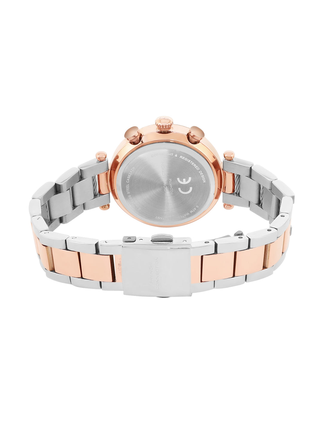 French Connection Embossed Round Dial With 12Pcs Stones Silver Dial With Rose Stainless Steel Strap Chronograph Watch - For Womens FCO4RTM