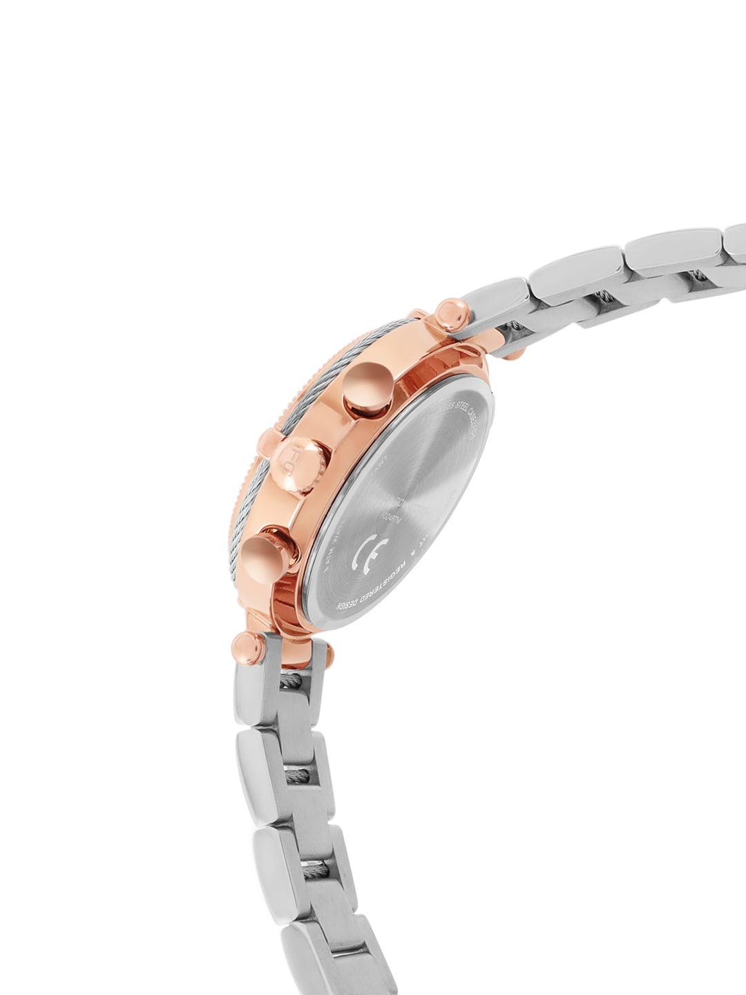French Connection Embossed Round Dial With 12Pcs Stones Silver Dial With Rose Stainless Steel Strap Chronograph Watch - For Womens FCO4RTM