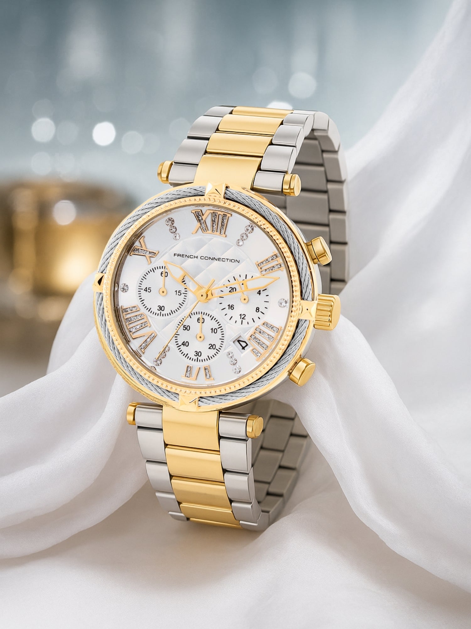 French Connection Embossed Round Dial With 12Pcs Stones Silver Dial With Gold Two Tone Stainless Steel Strap Chronograph Watch - For Womens FCO4TM