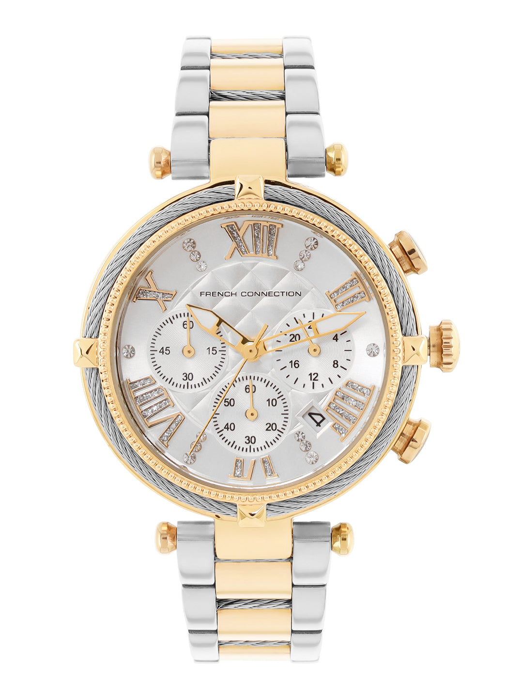 French Connection Embossed Round Dial With 12Pcs Stones Silver Dial With Gold Two Tone Stainless Steel Strap Chronograph Watch - For Womens FCO4TM