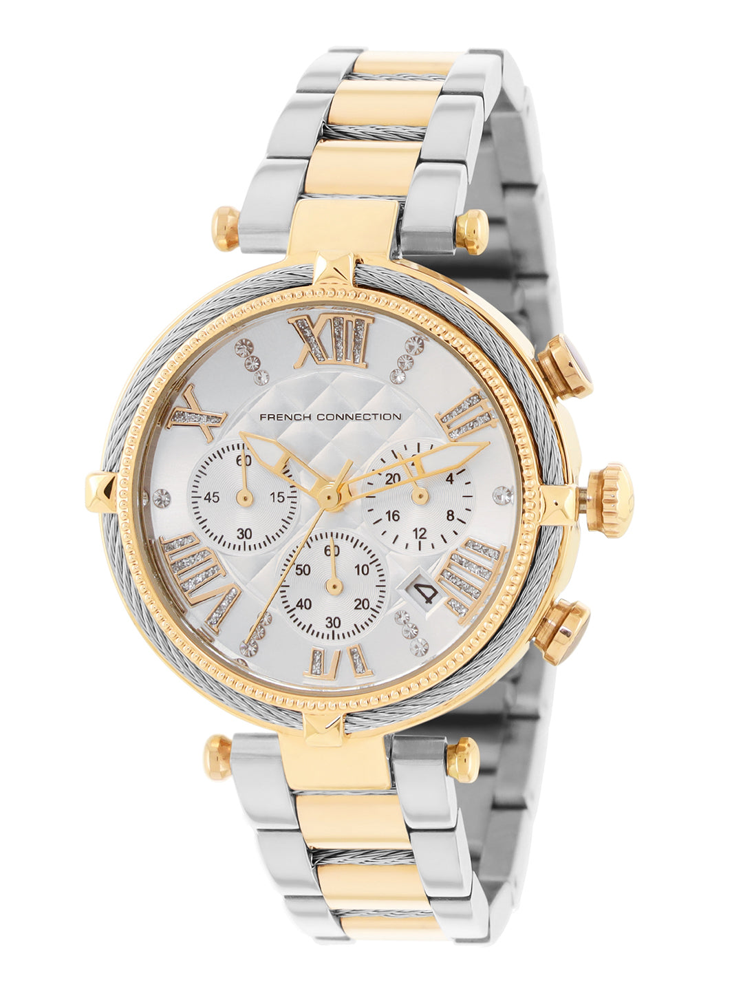 French Connection Embossed Round Dial With 12Pcs Stones Silver Dial With Gold Two Tone Stainless Steel Strap Chronograph Watch - For Womens FCO4TM
