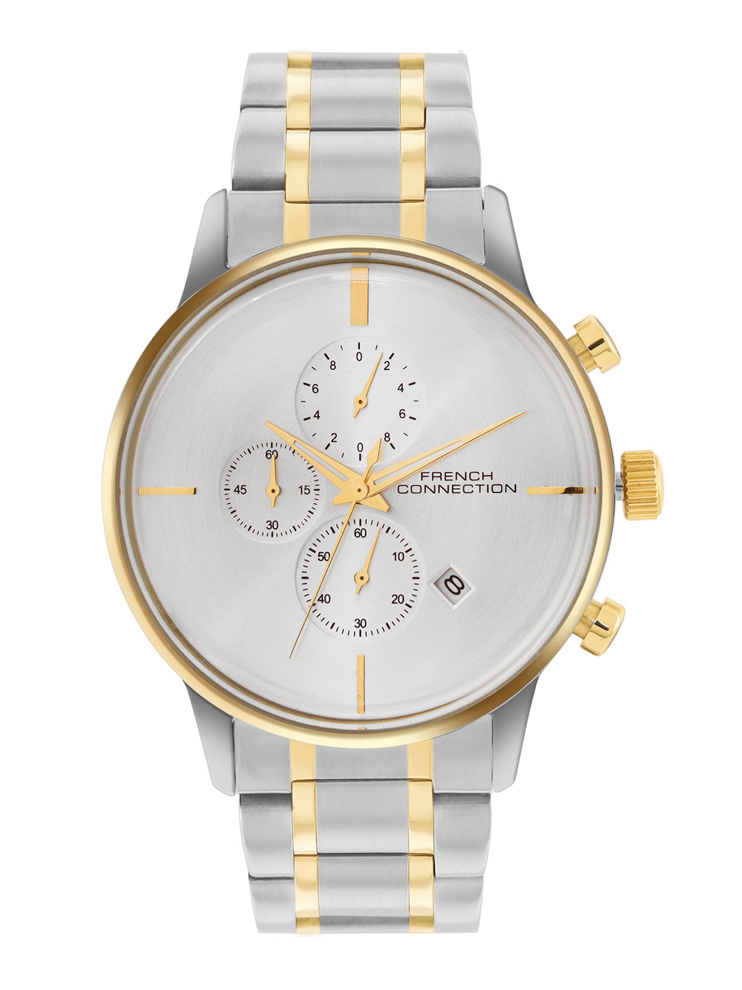 French Connection Silver Embossed Round Dial With Gold Stainless Steel Strap Chronograph Watch - For Mens FCO5TM