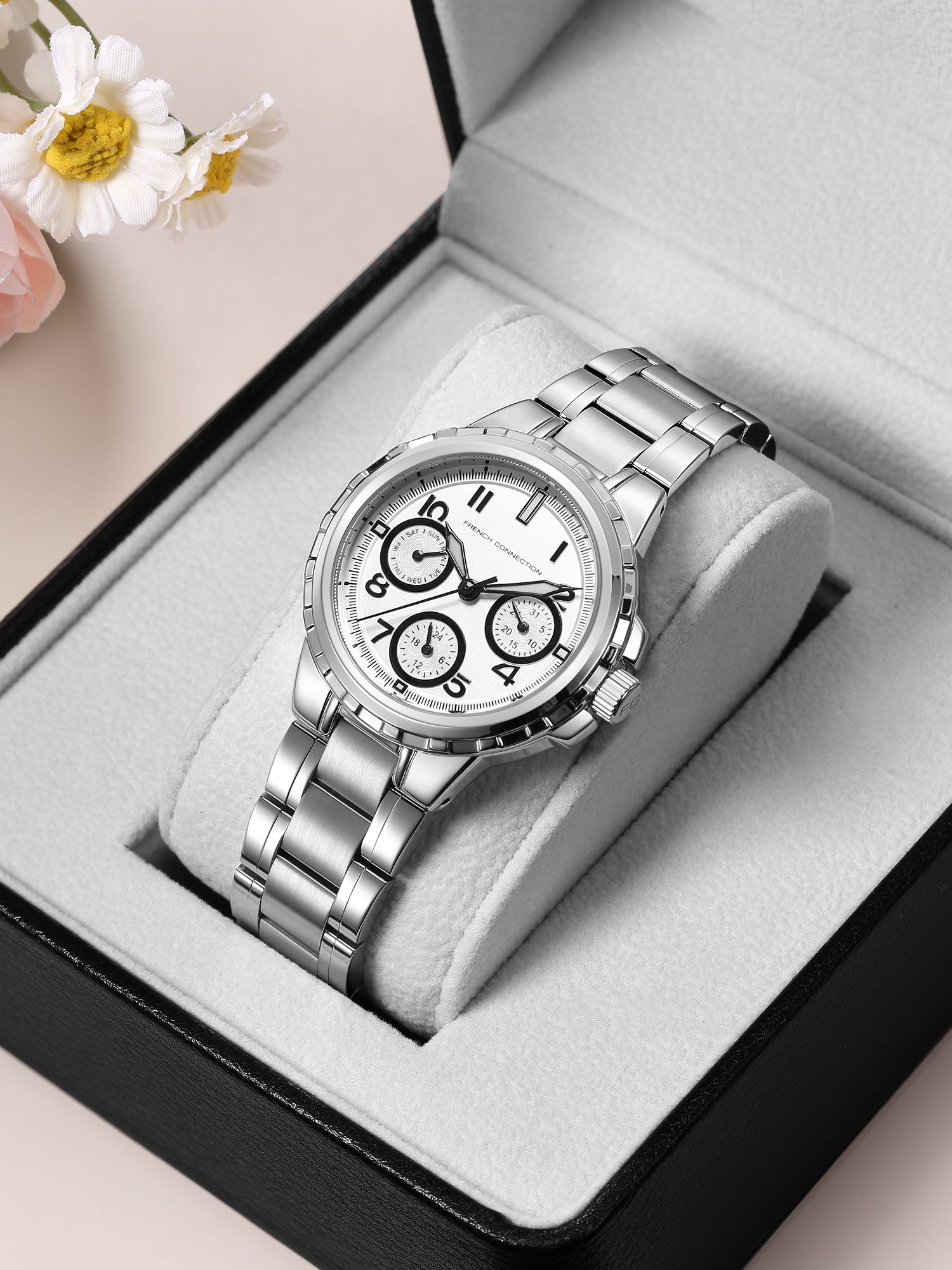 French Connection Chronéa | Quartz Chronograph | Black Dial | Silver Stainless Steel Strap | Watch for Men - FCO6SM