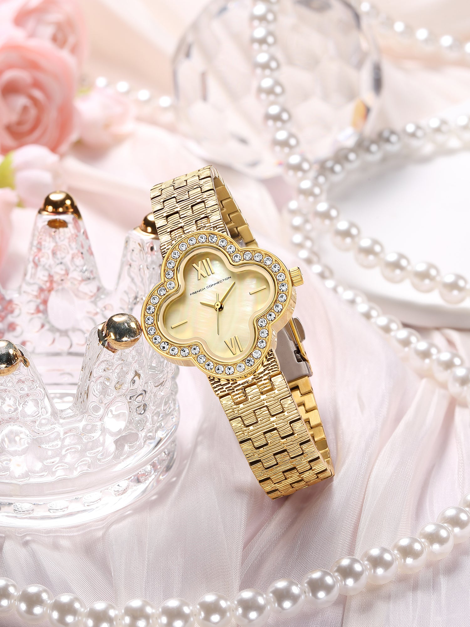 French Connection Floruxe | Analog Display | Gold Mother of Pearl Dial | Gold Stainless Steel Strap | Watch for Women - FCMO7GM