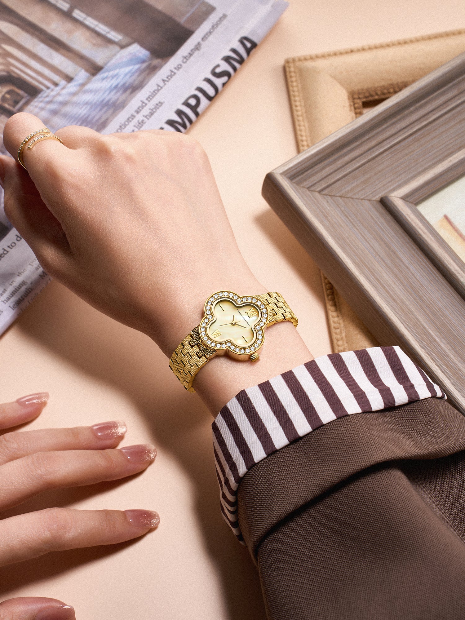 French Connection Floruxe | Analog Display | Gold Mother of Pearl Dial | Gold Stainless Steel Strap | Watch for Women - FCMO7GM