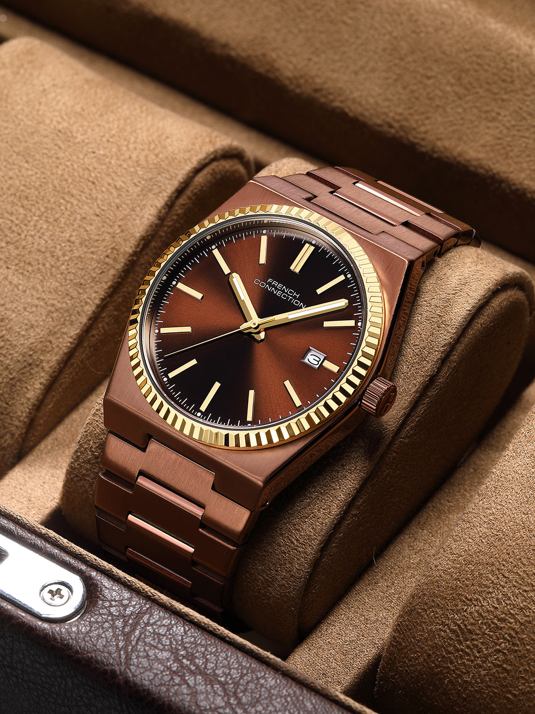 French Connection Vesper | Quartz Dated Display | Brown Dial | Brown Stainless Steel Strap | Watch for Men - FCO8BRM
