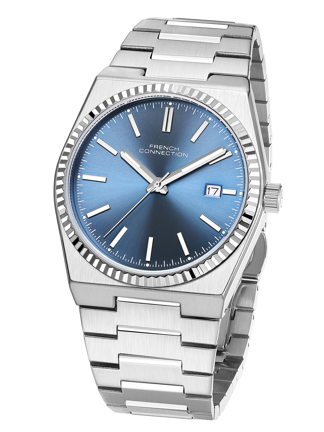 French Connection Vesper | Quartz Dated Display | Blue Dial | Silver Stainless Steel Strap | Watch for Men - FCO8USM