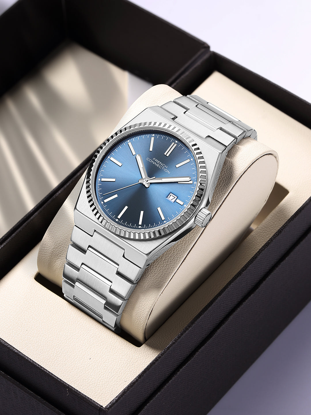 French Connection Vesper | Quartz Dated Display | Blue Dial | Silver Stainless Steel Strap | Watch for Men - FCO8USM