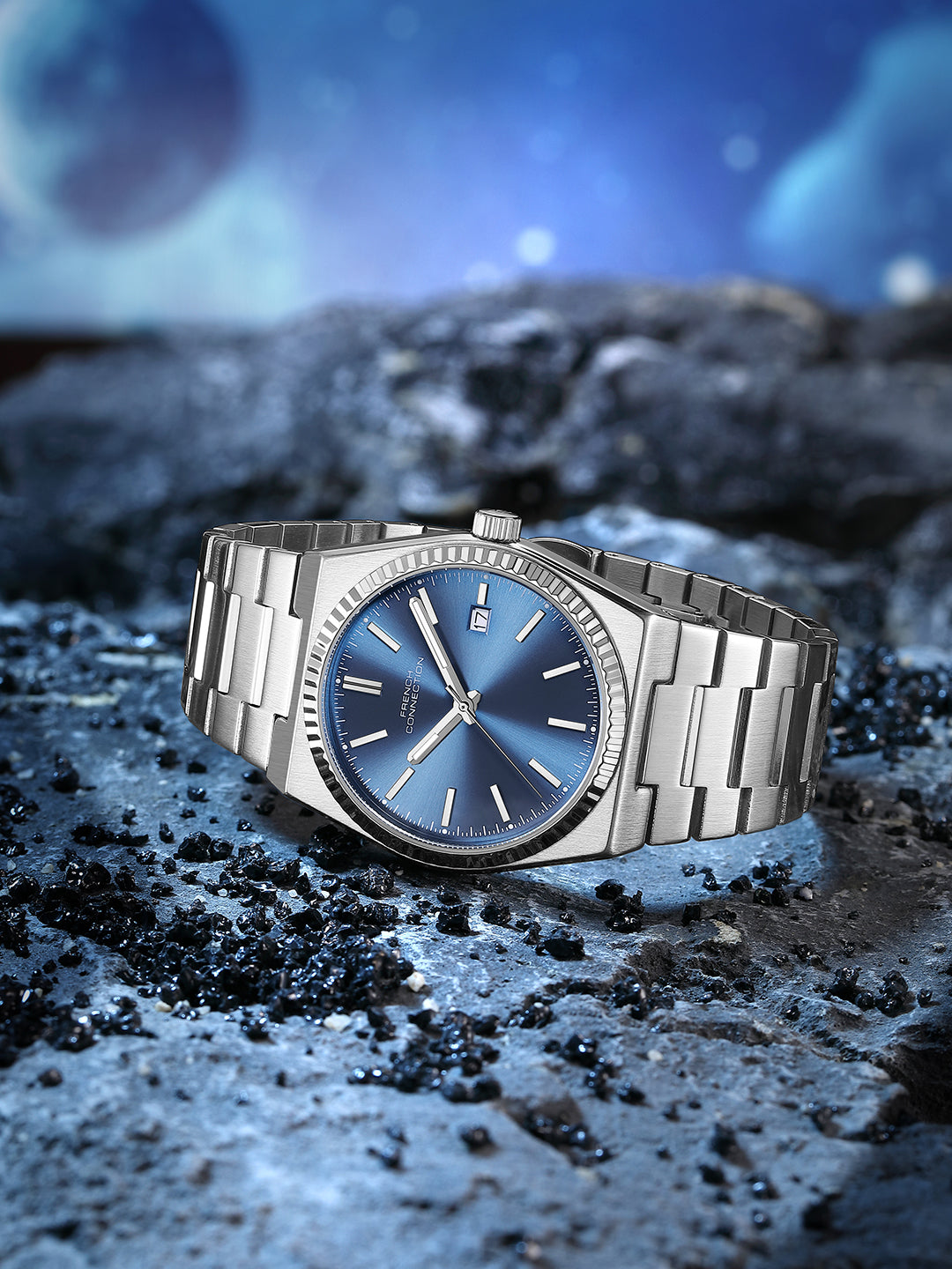 French Connection Vesper | Quartz Dated Display | Blue Dial | Silver Stainless Steel Strap | Watch for Men - FCO8USM