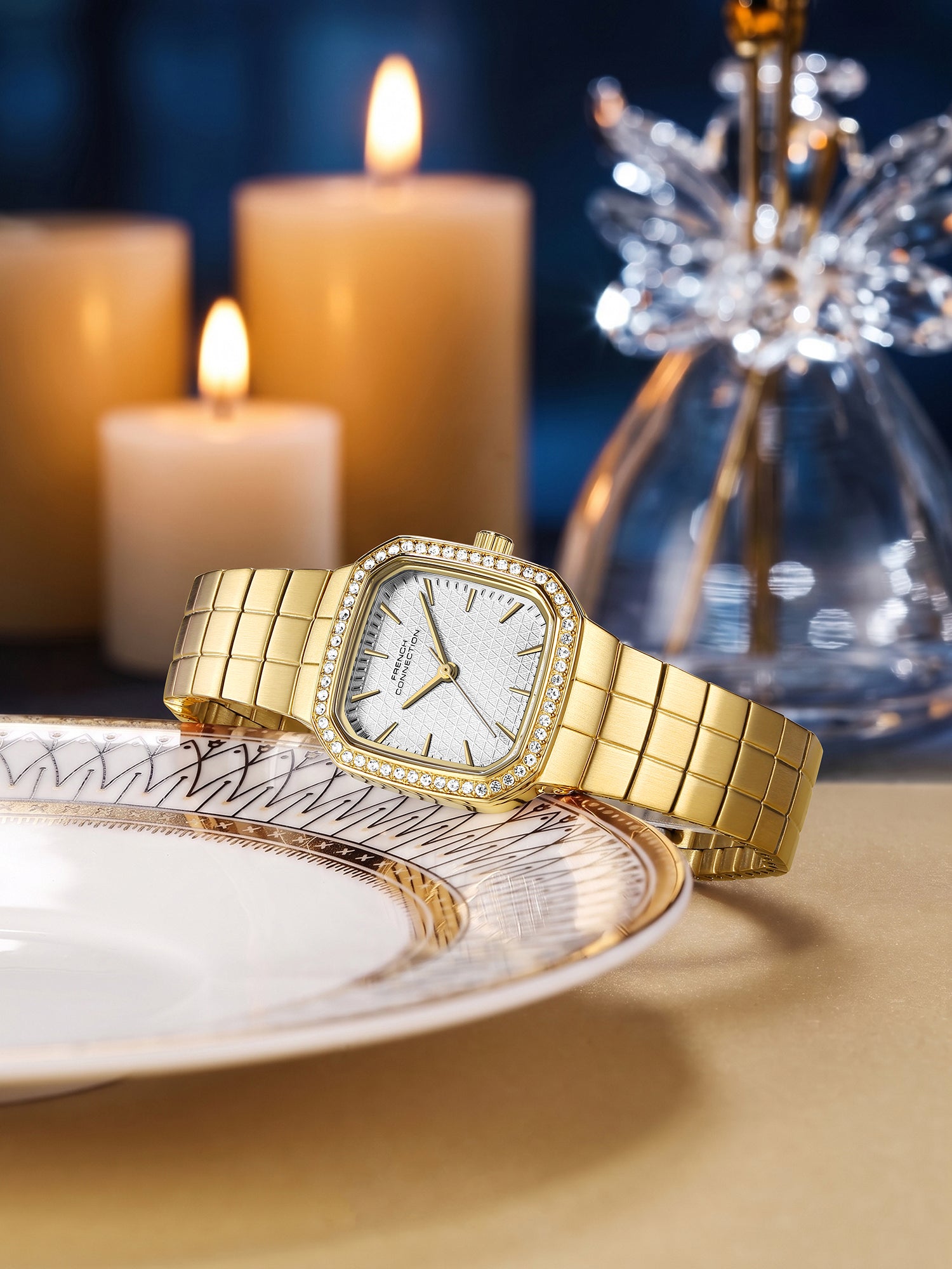 French Connection Relia | Analog Display | Silver Embossed Dial | Stainless Steel Strap | Watch for Women - FCO9GM
