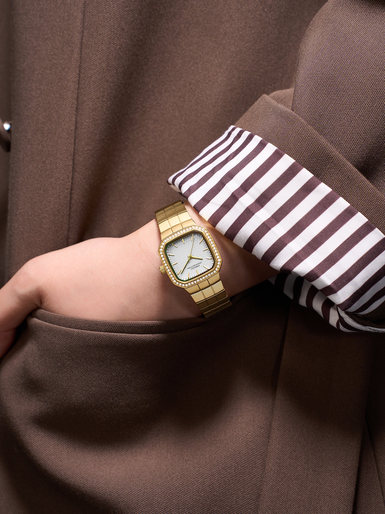 French Connection Relia | Analog Display | Silver Embossed Dial | Stainless Steel Strap | Watch for Women - FCO9GM